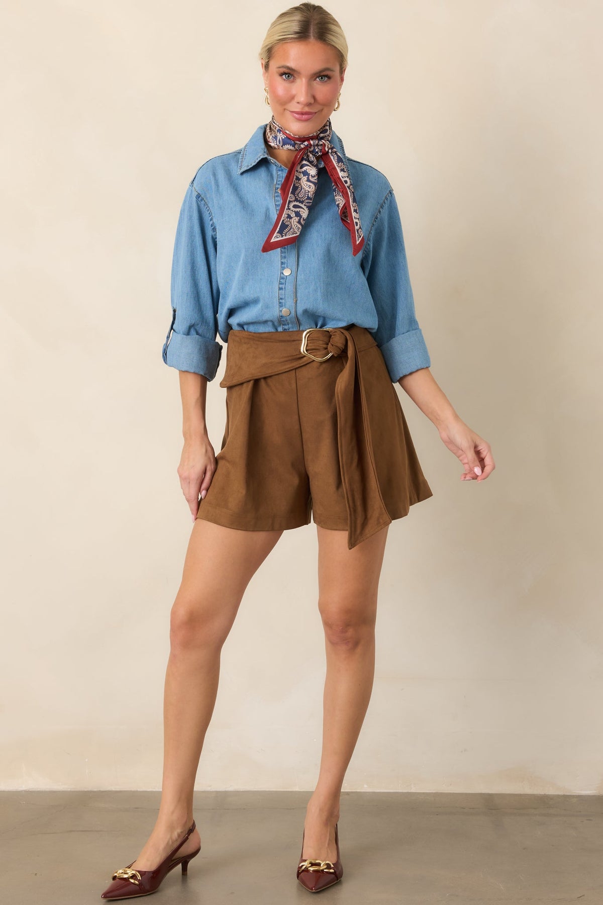 Just So Happens Light Wash Chambray Button Up Shirt