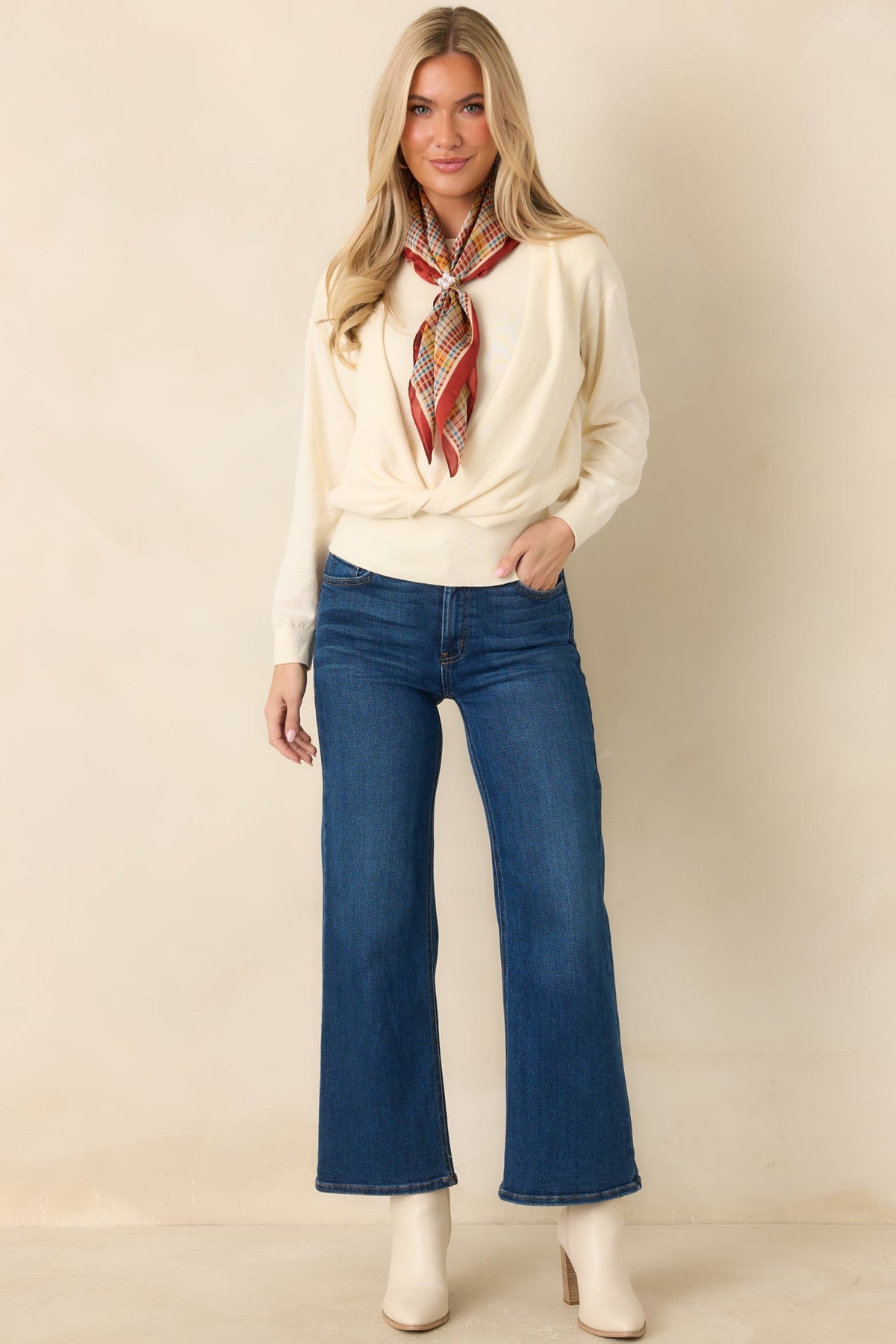 Fine By Me Ivory Cotton Cashmere Blend Twist Front Sweater