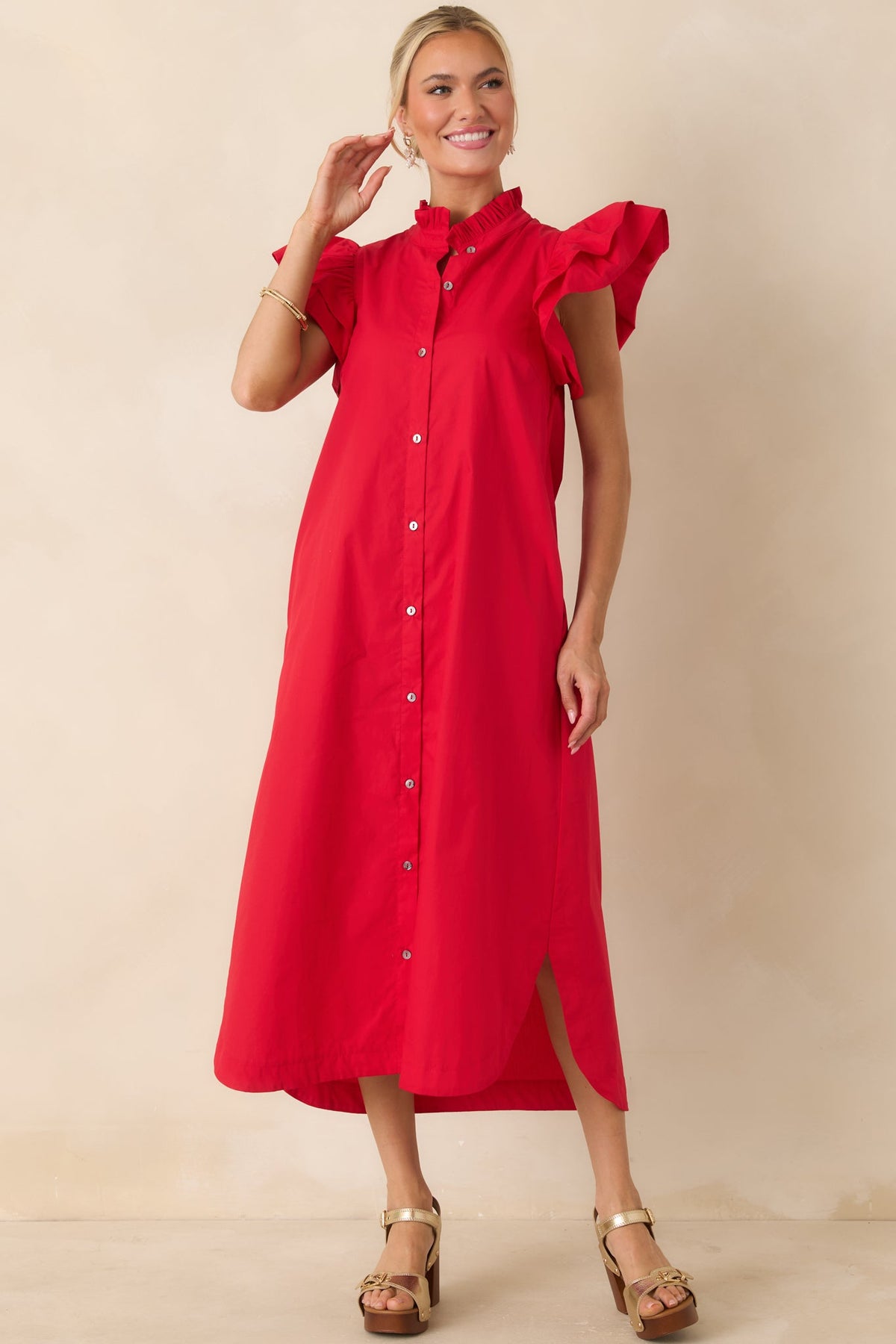 Exactly As Planned Red Cotton Ruffle Button Front Midi Dress