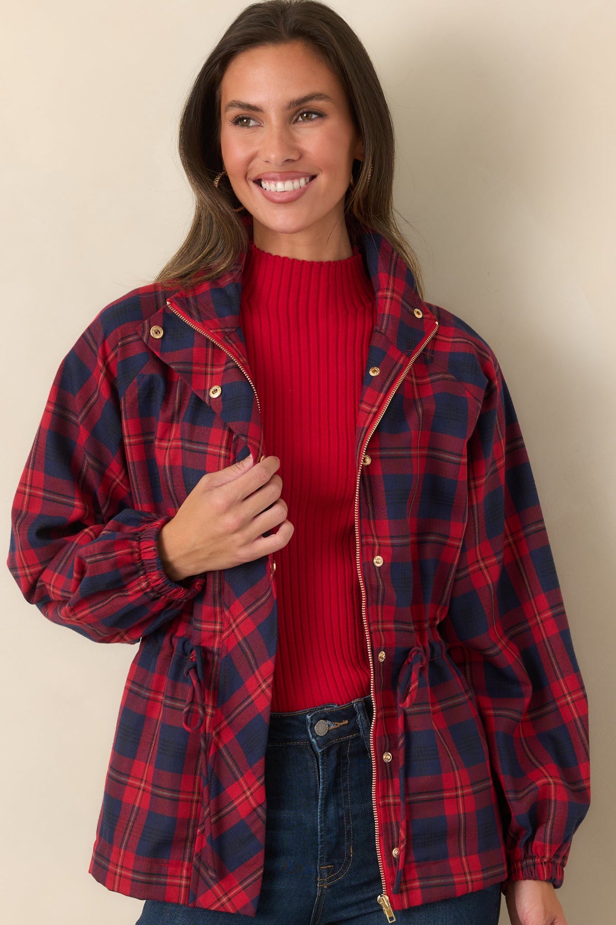 Season in Session Red & Navy Plaid Cinch Waist Jacket