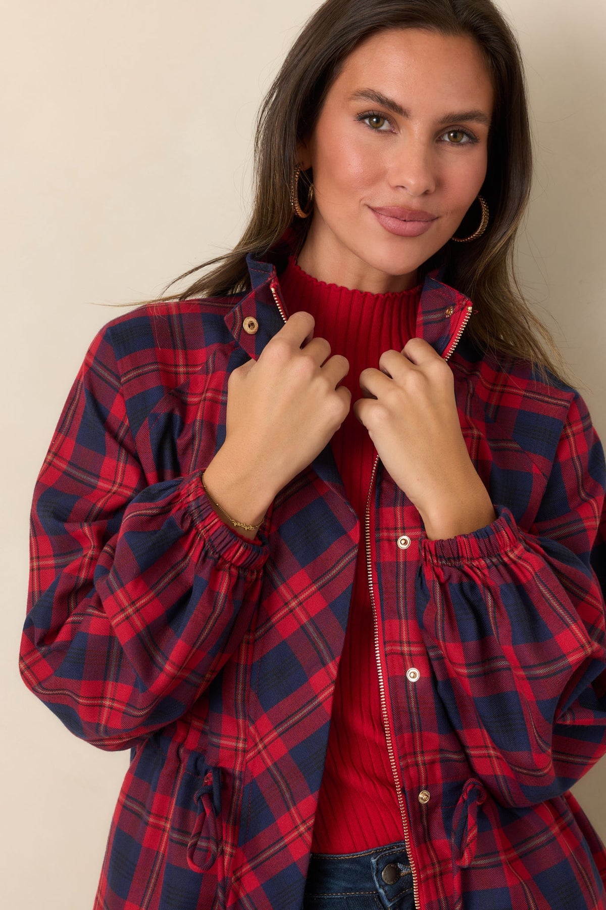 Season in Session Red & Navy Plaid Cinch Waist Jacket