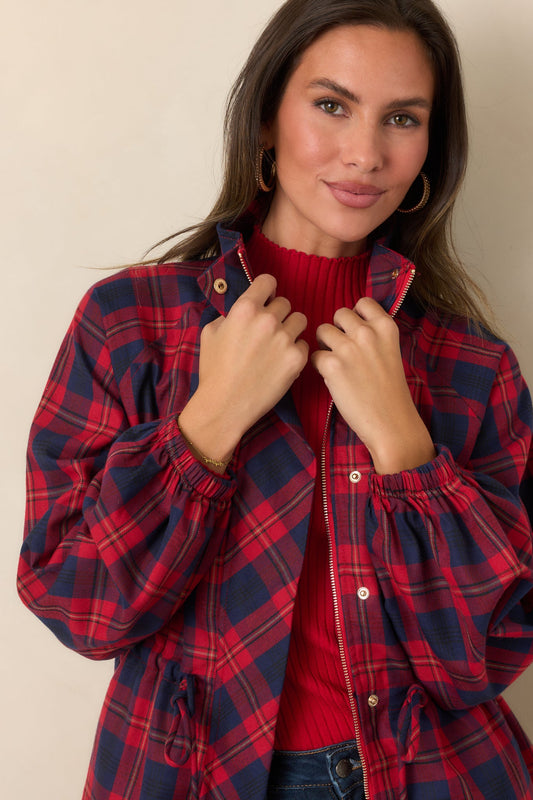 Season in Session Red & Navy Plaid Cinch Waist Jacket