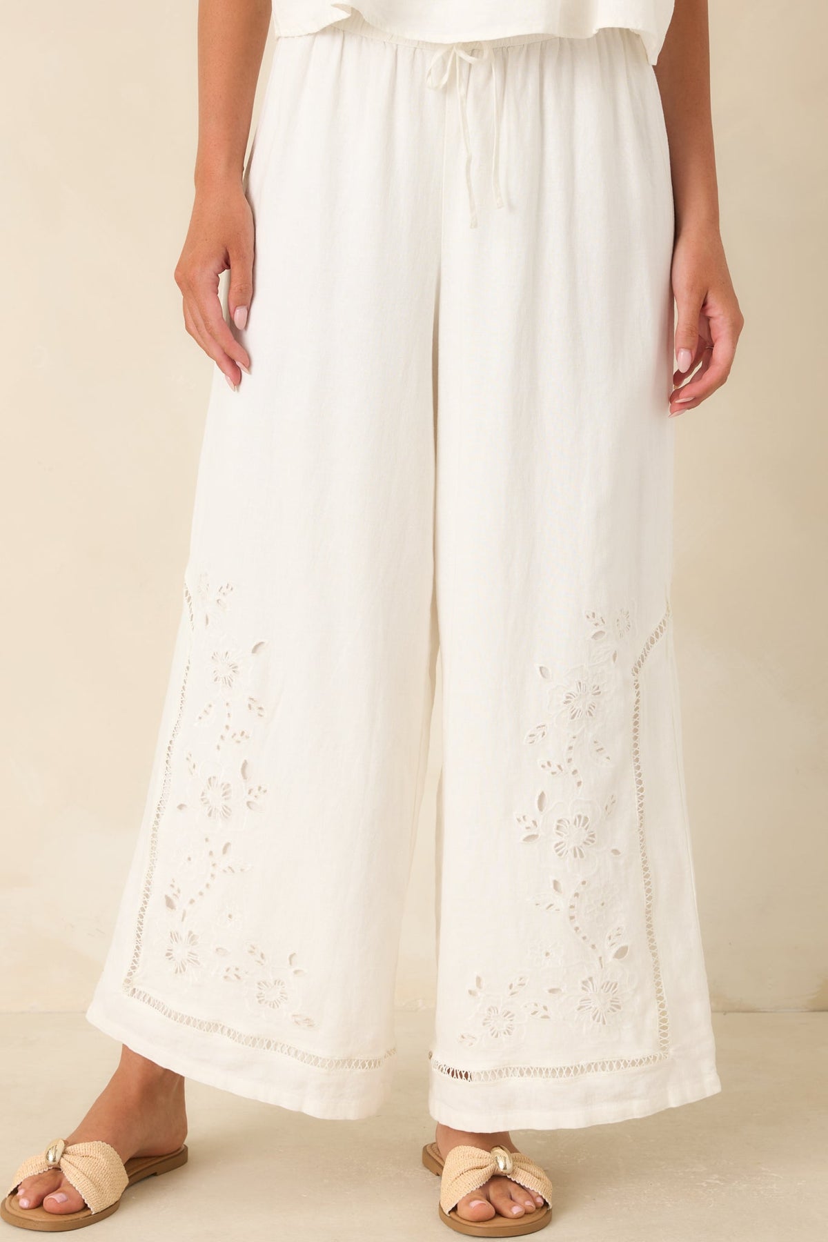 Z Supply Sid White Linen Blend Embroidered Woven Pants