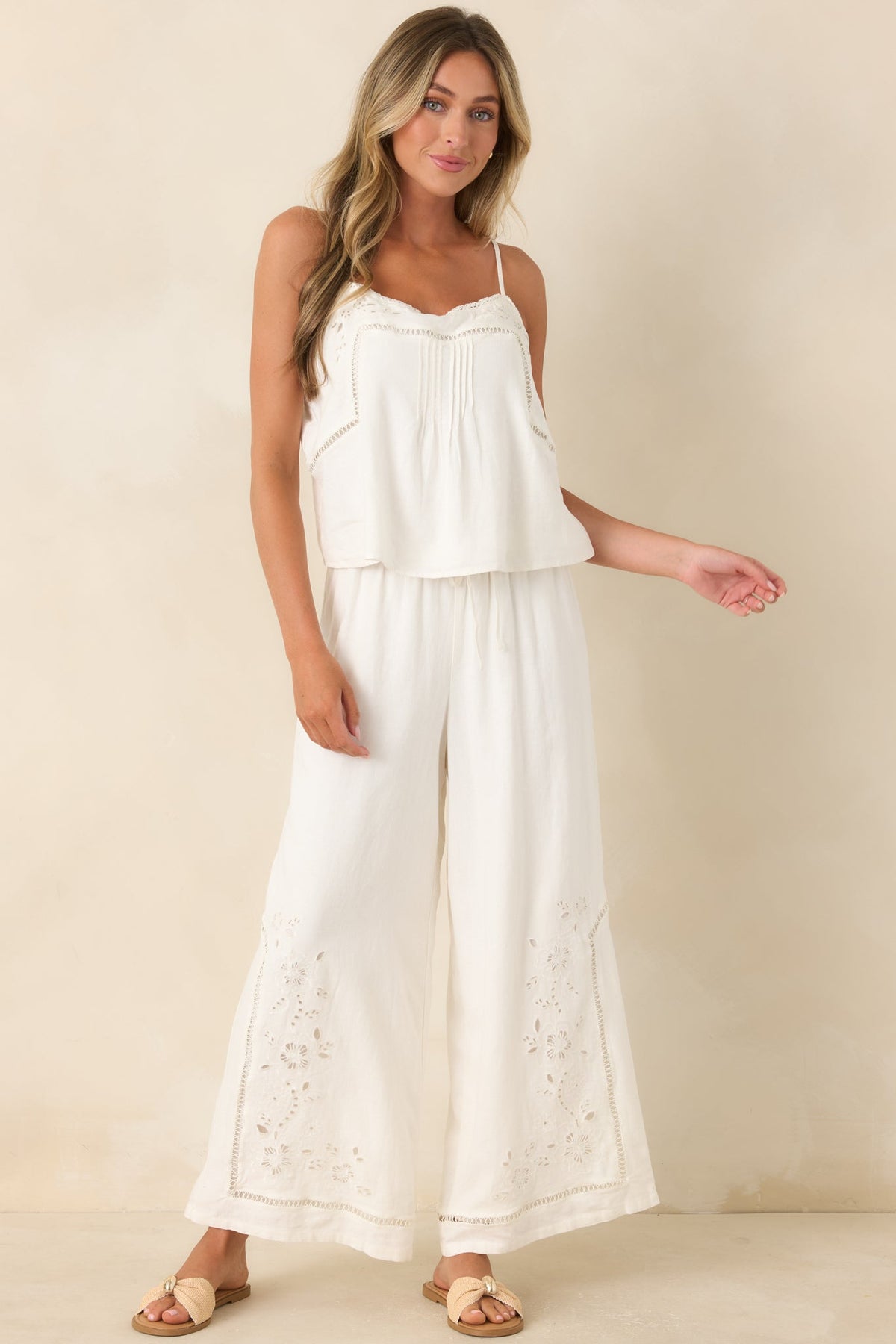 Z Supply Sid White Linen Blend Embroidered Woven Pants