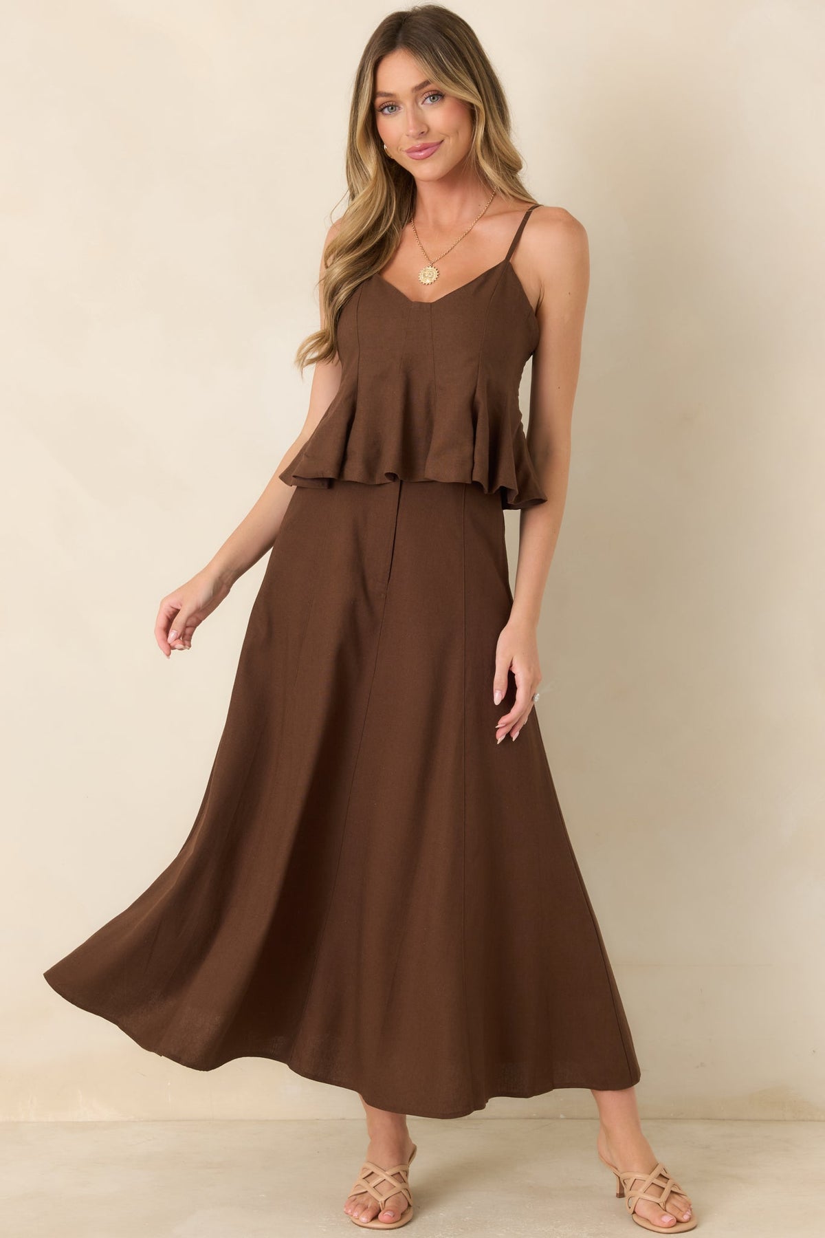 She's Got Grace Brown Linen Blend Maxi Skirt