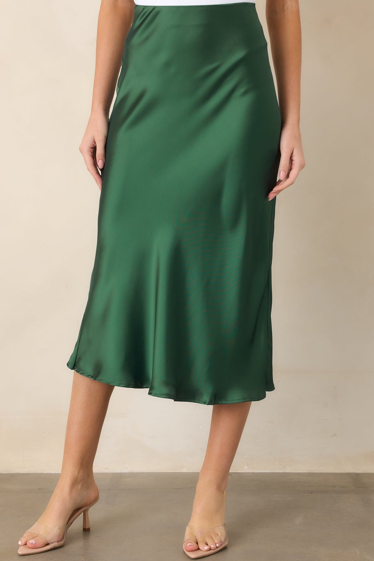 Vibe Check Emerald Green Satin Midi Skirt