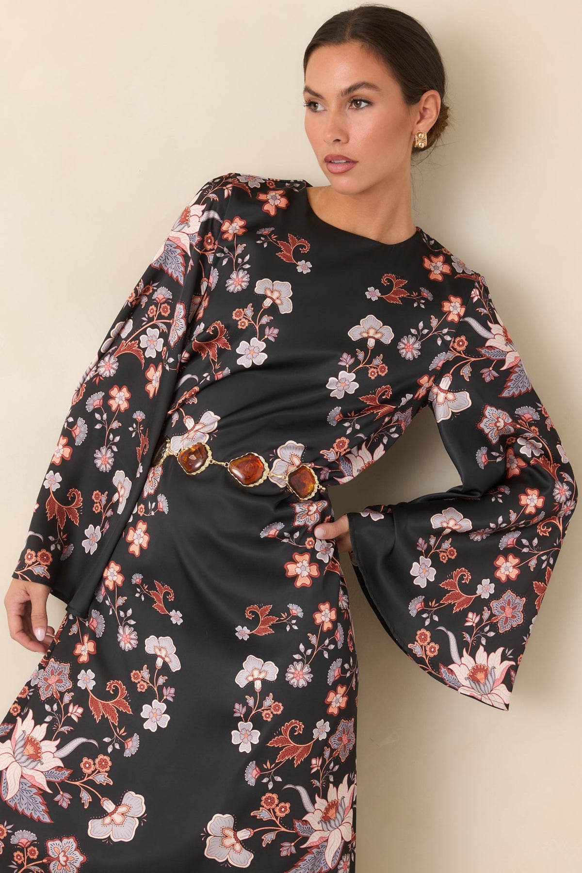 Prosperina Nix Black Multi Floral Satin Maxi Dress