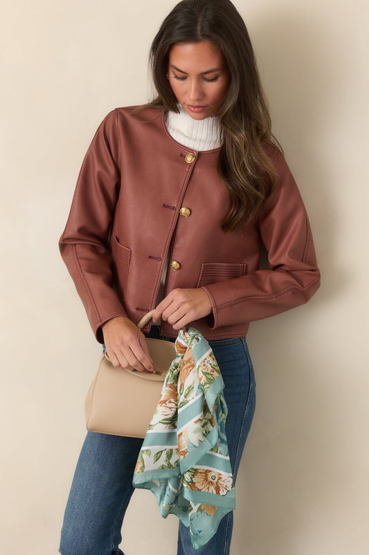 Made To Impress Mauve Faux Leather Cropped Button Up Jacket