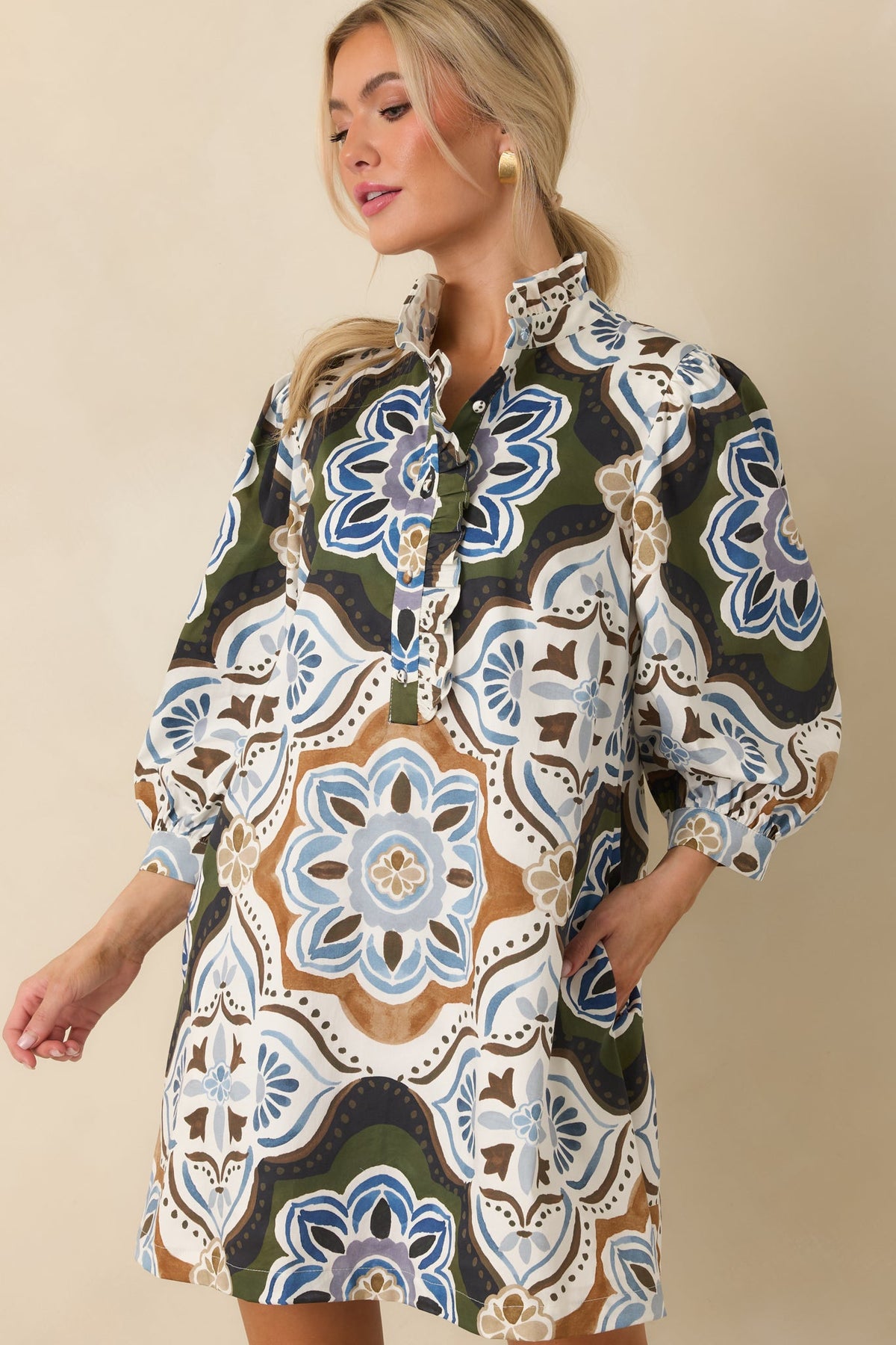 Prosperina Maren Olive Multi Medallion Print Cotton Mini Dress