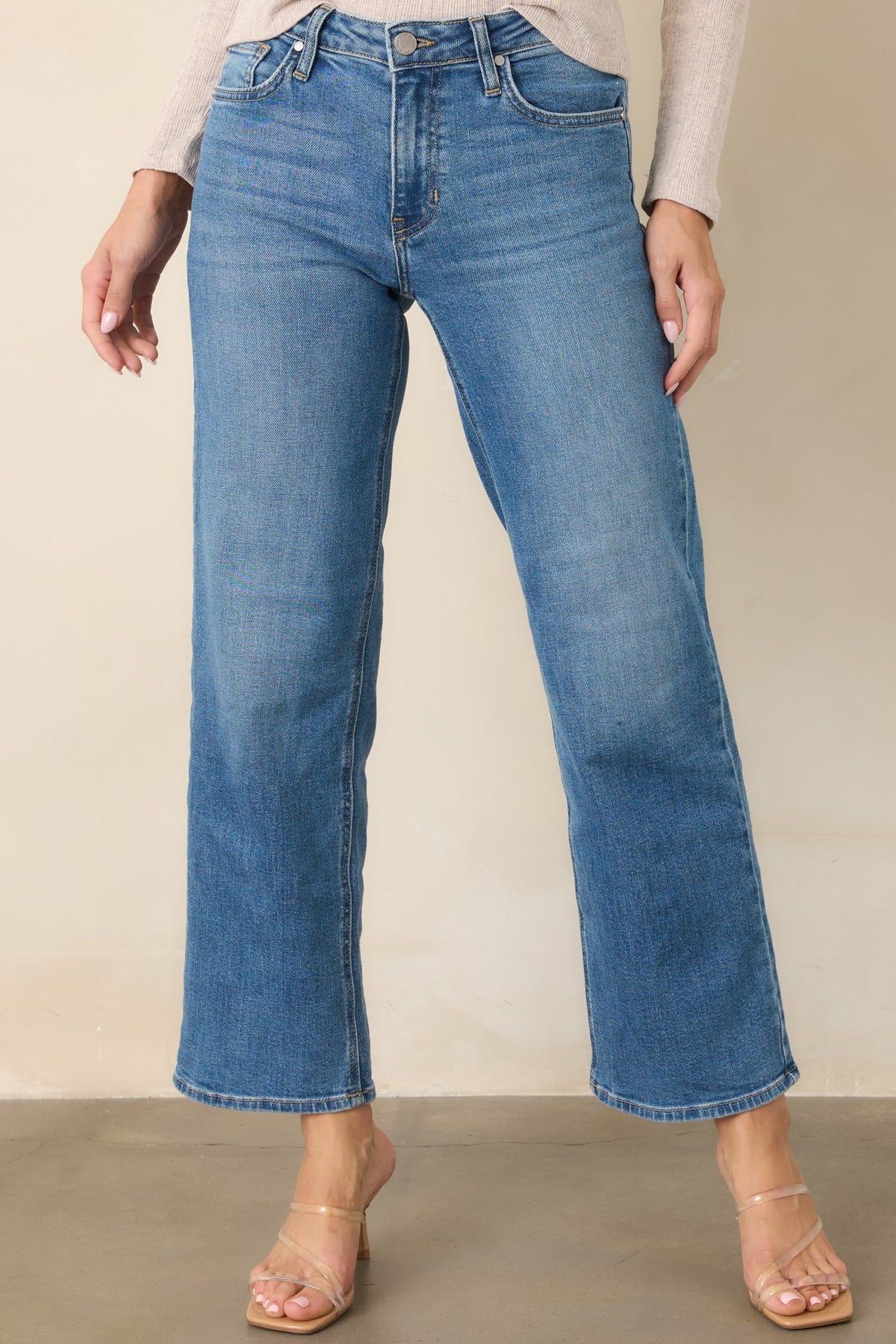 Good From Here Medium Wash Mid Rise Slim Wide Leg Jeans
