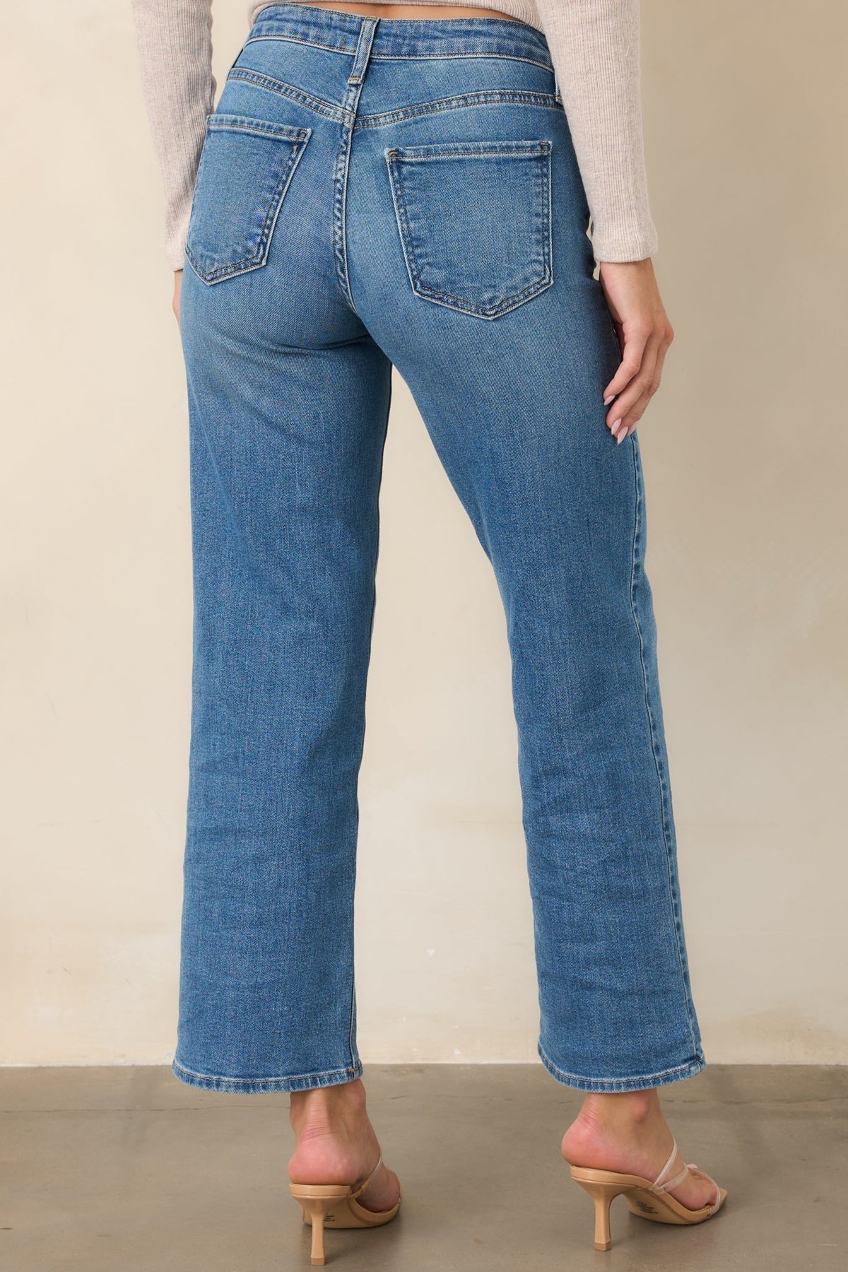 Good From Here Medium Wash Mid Rise Slim Wide Leg Jeans