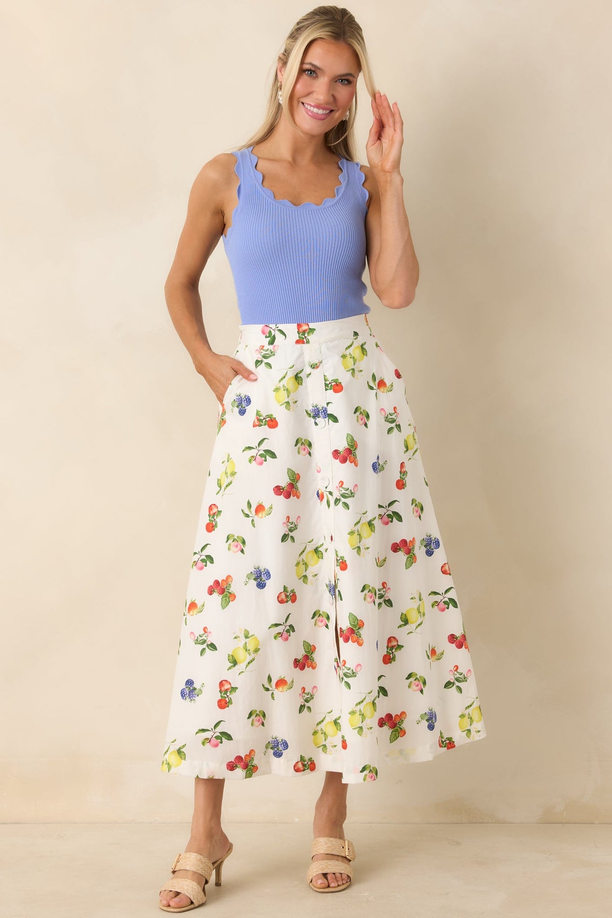 Pick of the Season White Multi Cotton Fruit Print Midi Skirt