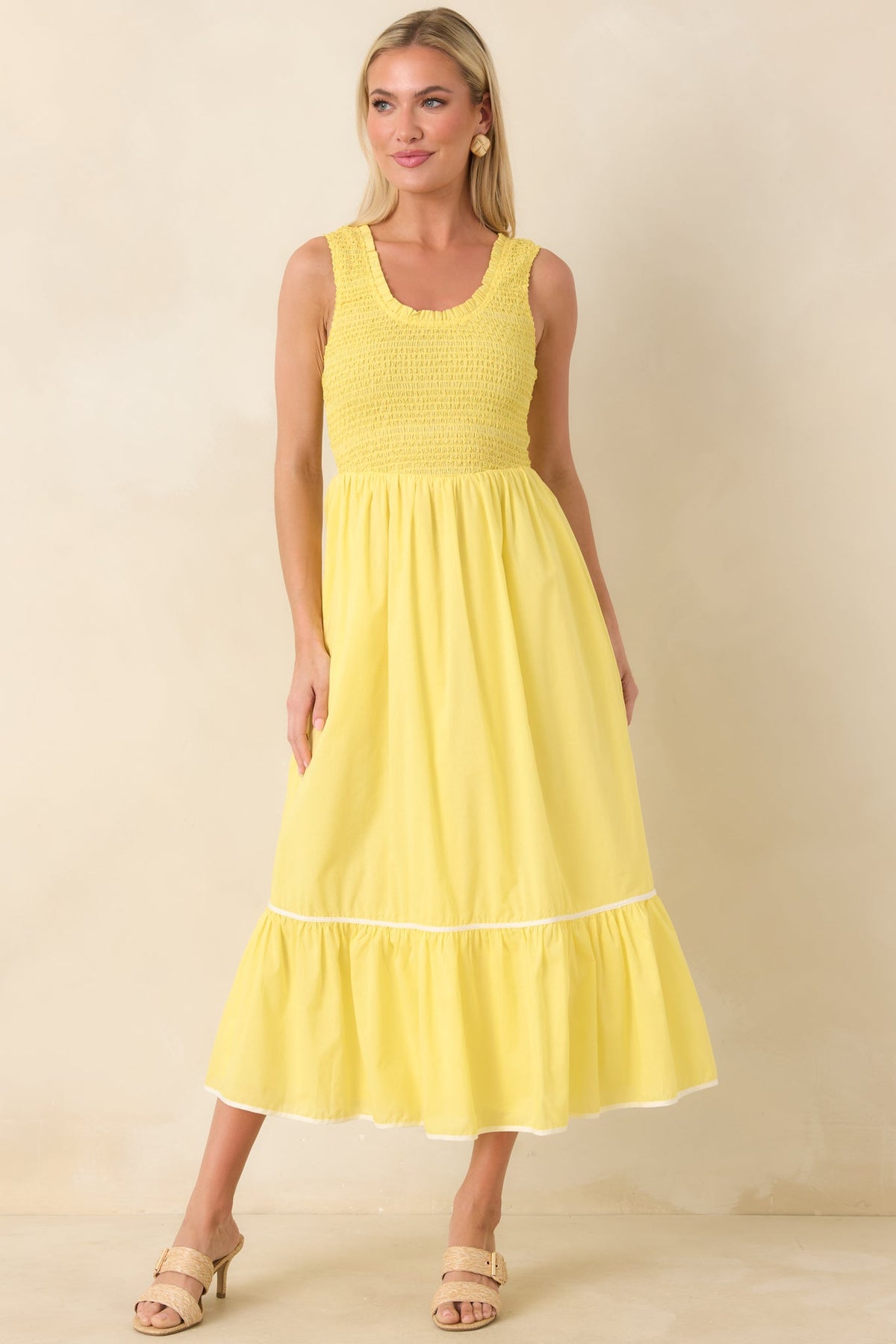 Today’s the Day Yellow Textured Cotton Tiered Midi Dress