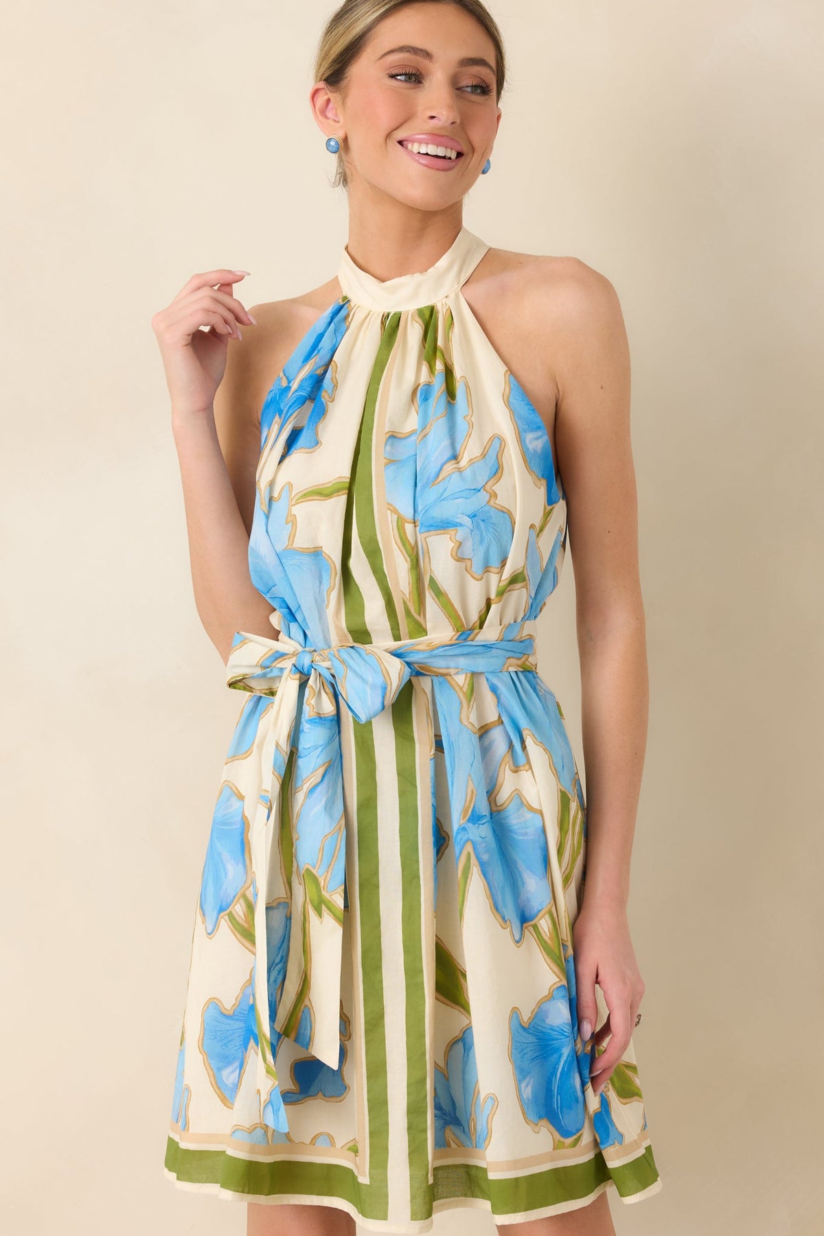 A Moment Like This Blue Multi Floral Cotton Halter Mini Dress