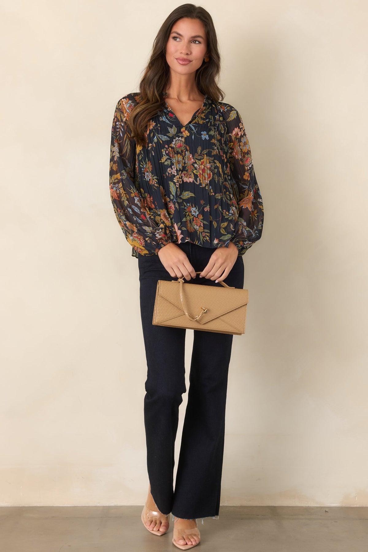 Under Evening Skies Navy Multi Floral Pleated Blouse
