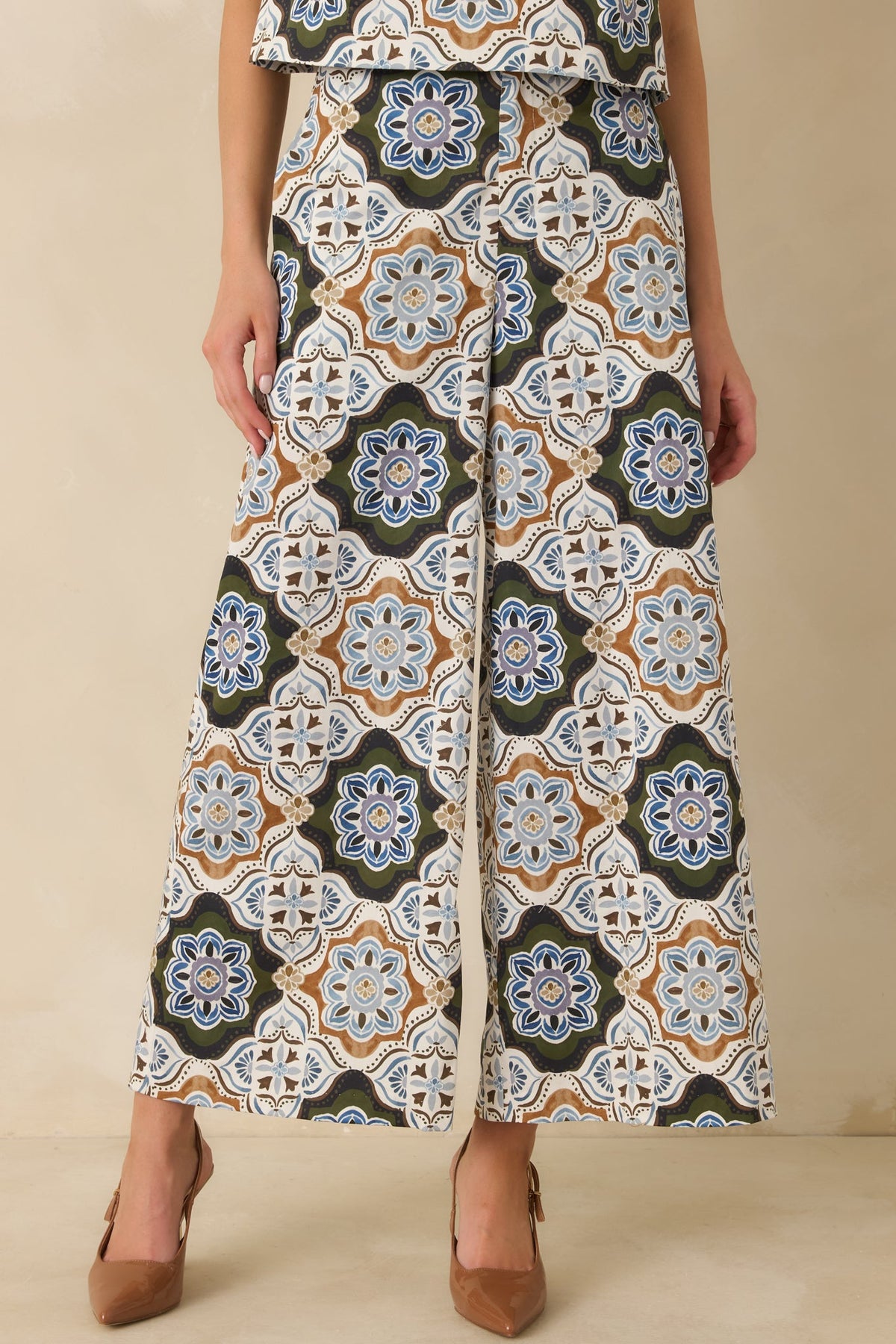 Prosperina Barrett Olive Multi Medallion Print Cropped Wide Leg Pants