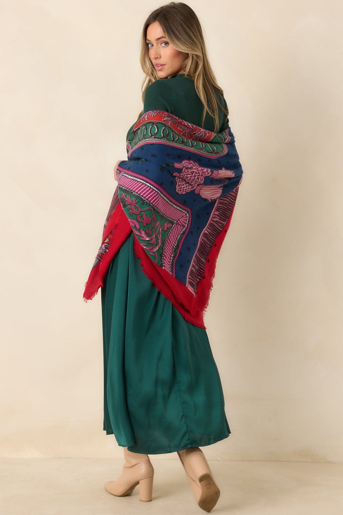 A Story Worth Sharing Red Multi Rope & Tassel Print Fringe Shawl