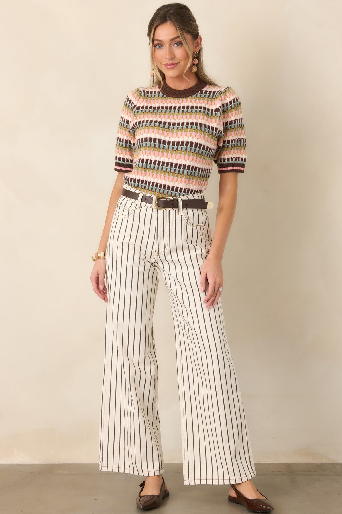 Making the Grade Brown Multi Short Sleeve Knit Sweater