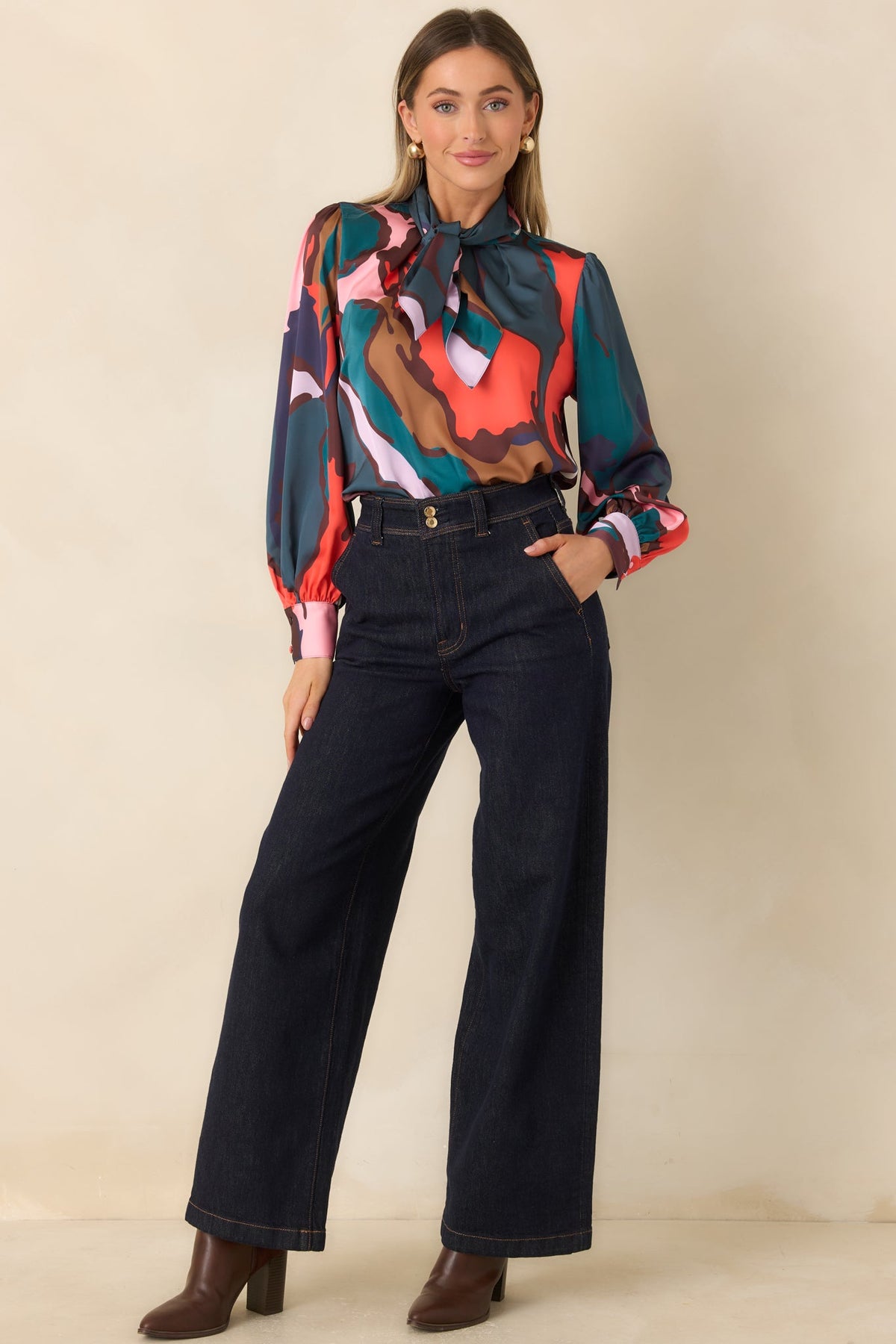 CROSBY Estelle Teal Multi Abstract Leaf Print Tie Neck Blouse