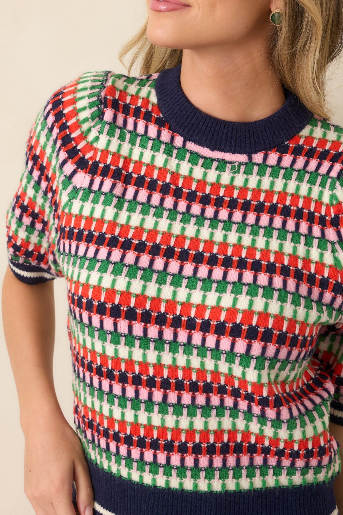 Making the Grade Navy Multi Short Sleeve Knit Sweater