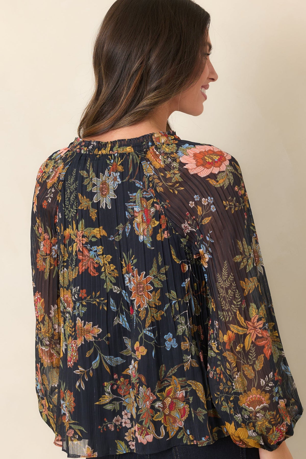 Under Evening Skies Navy Multi Floral Pleated Blouse