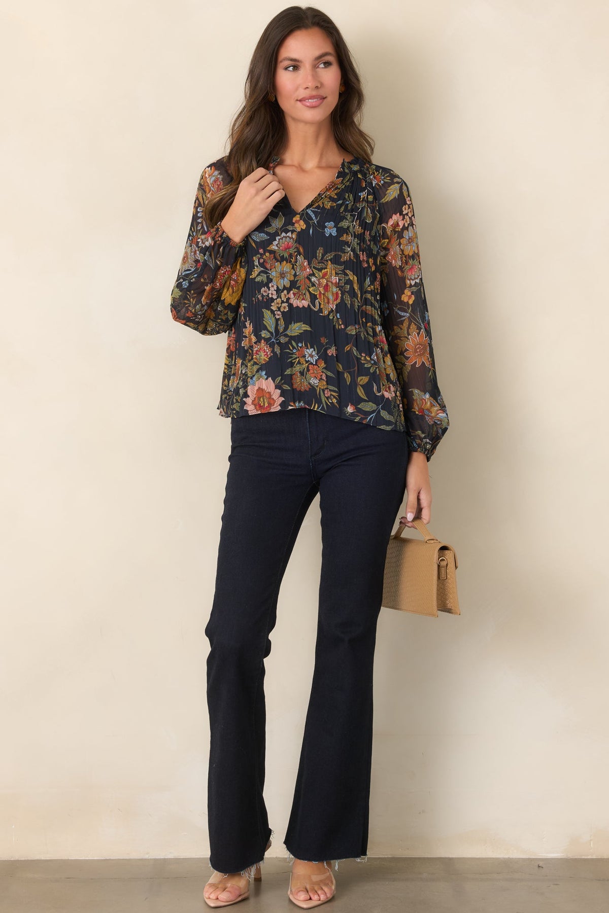 Under Evening Skies Navy Multi Floral Pleated Blouse