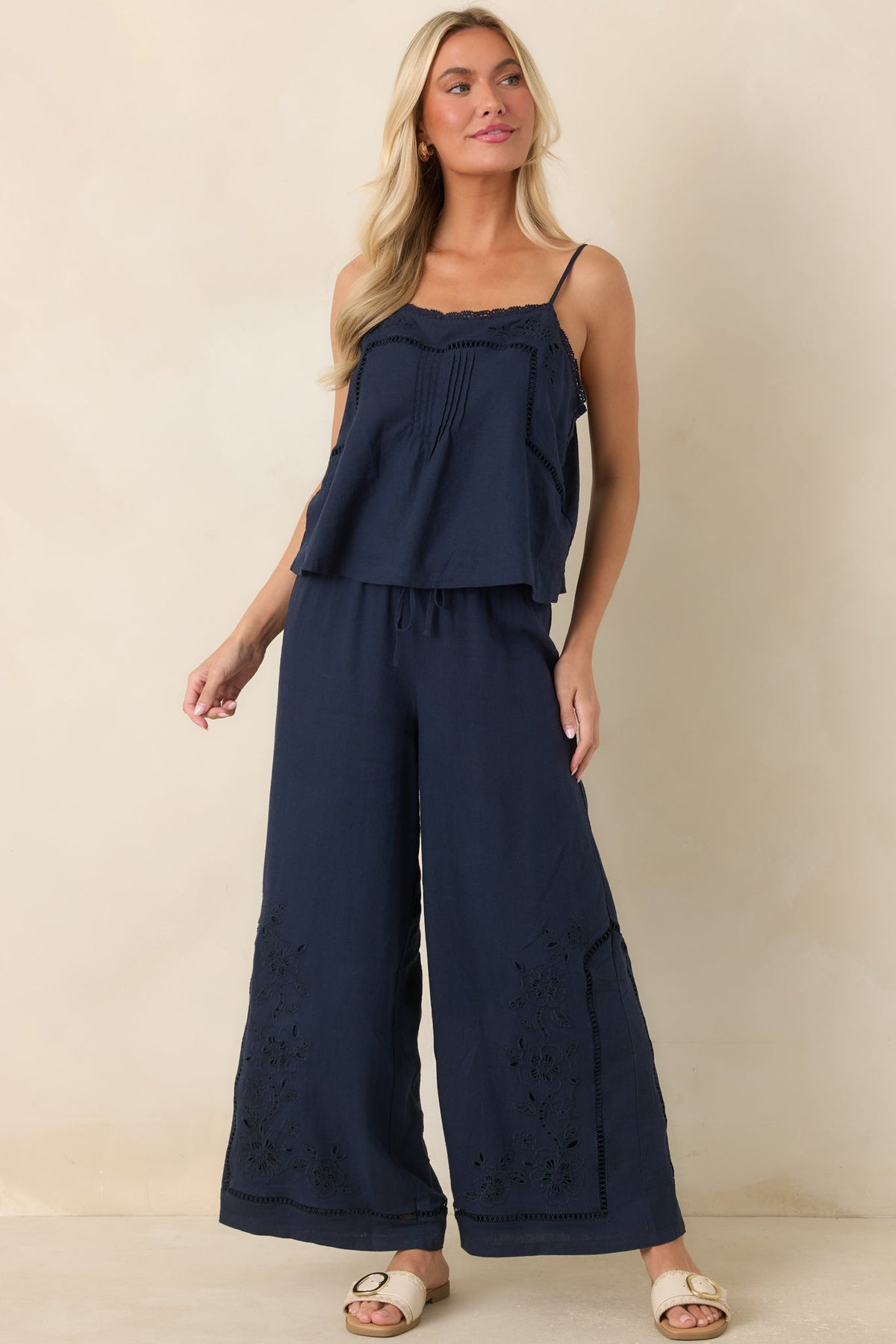 Z Supply Lille Navy Linen Blend Embroidered Woven Tank Top