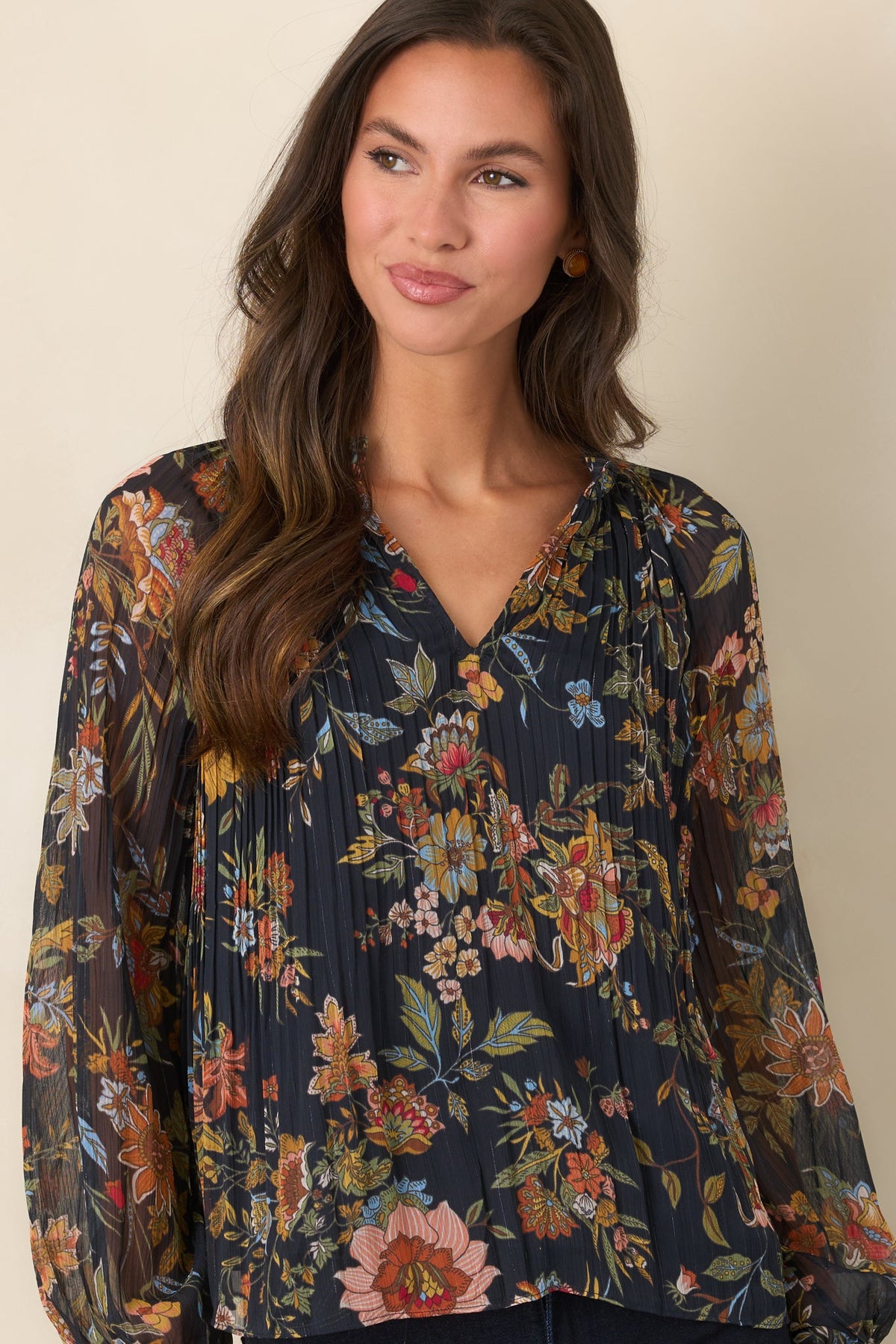 Under Evening Skies Navy Multi Floral Pleated Blouse