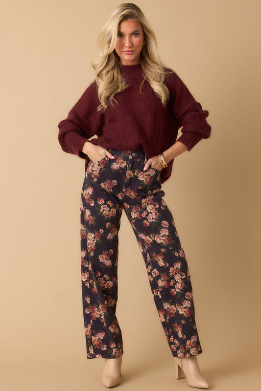 Step By Step Navy Floral Straight Leg Jeans