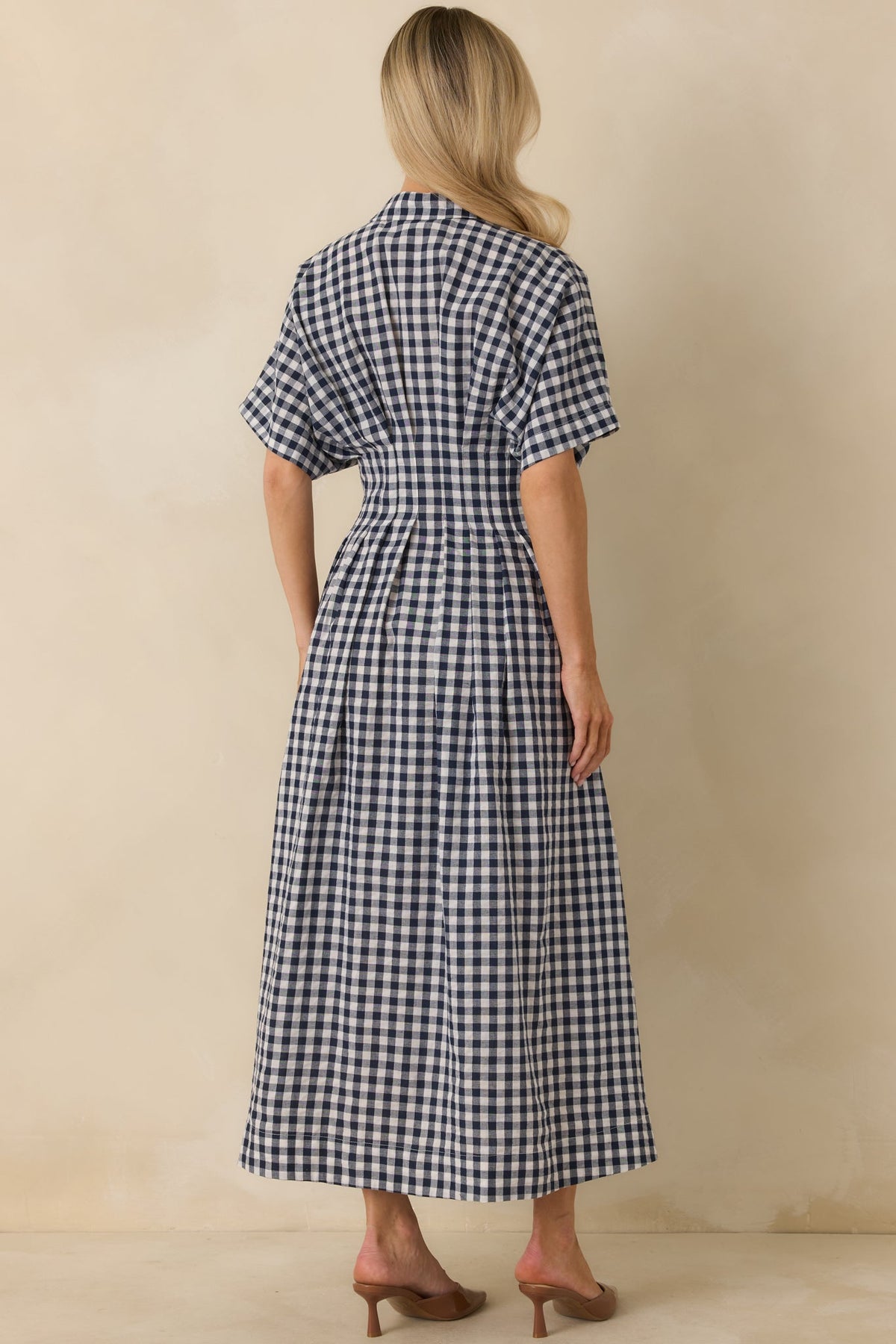Prosperina Leighton Navy Gingham Button Front Midi Dress