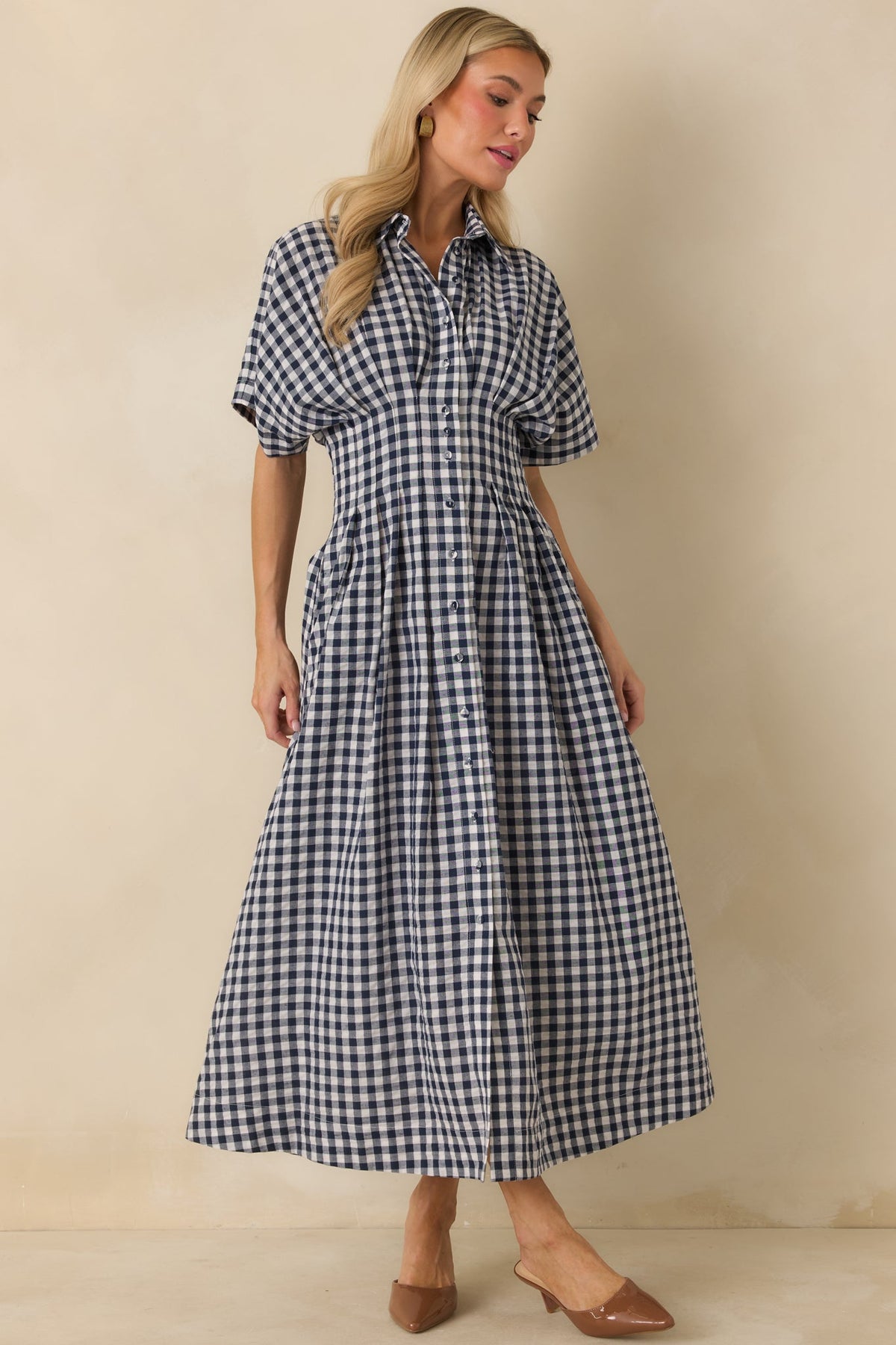 Prosperina Leighton Navy Gingham Button Front Midi Dress