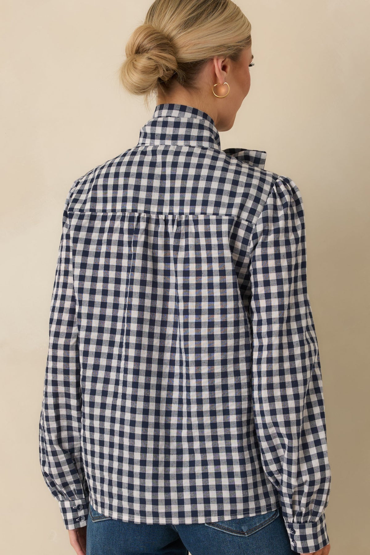 Prosperina Parker Navy Gingham Tie Neck Blouse