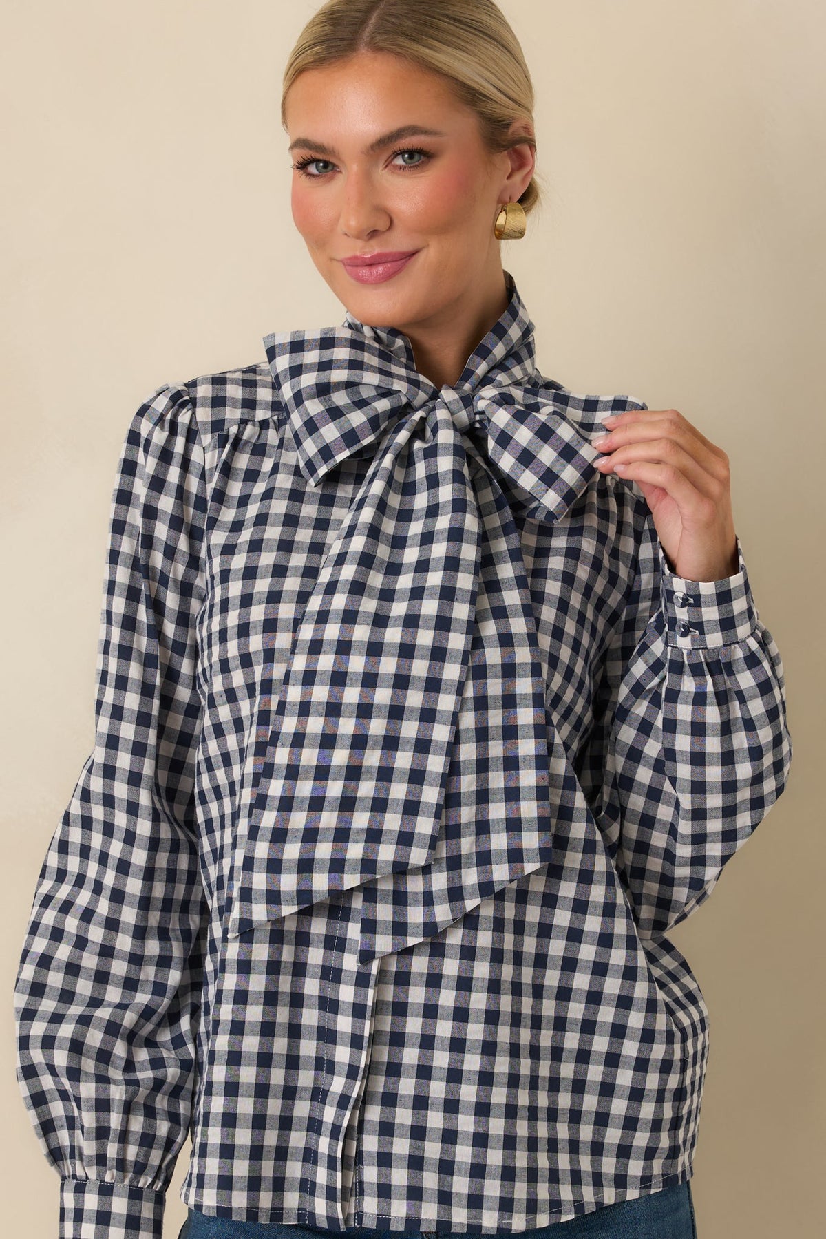 Prosperina Parker Navy Gingham Tie Neck Blouse