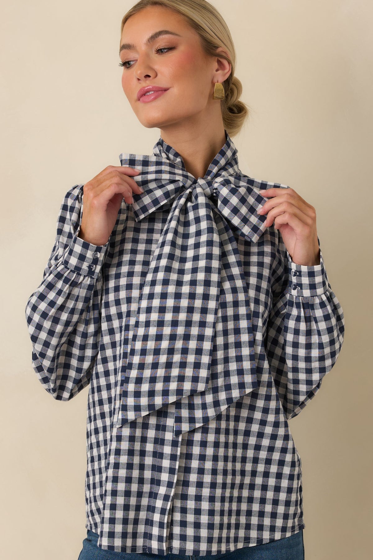 Prosperina Parker Navy Gingham Tie Neck Blouse