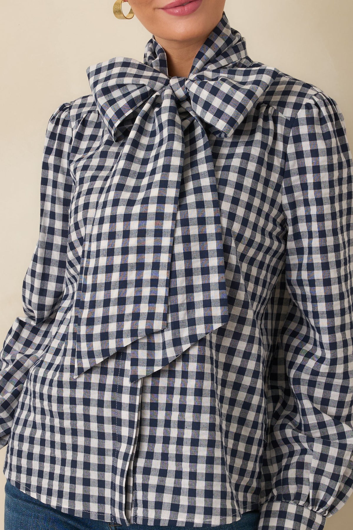 Prosperina Parker Navy Gingham Tie Neck Blouse