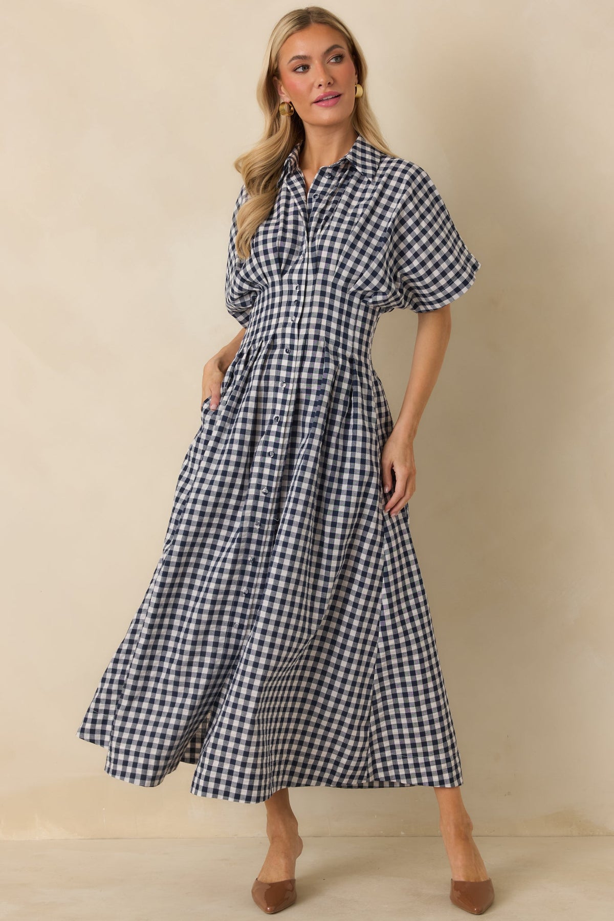Prosperina Leighton Navy Gingham Button Front Midi Dress