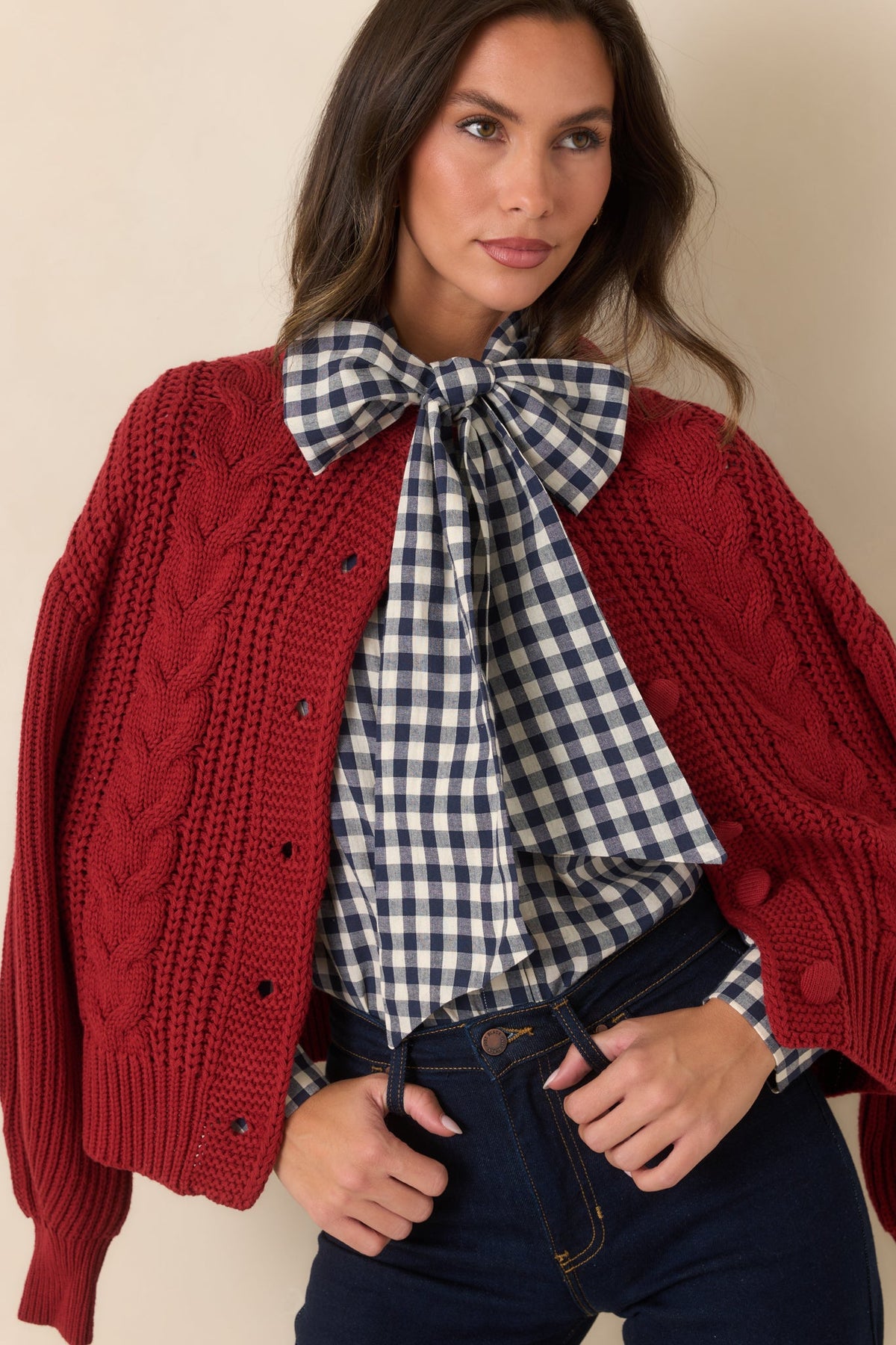 Prosperina Parker Navy Gingham Tie Neck Blouse
