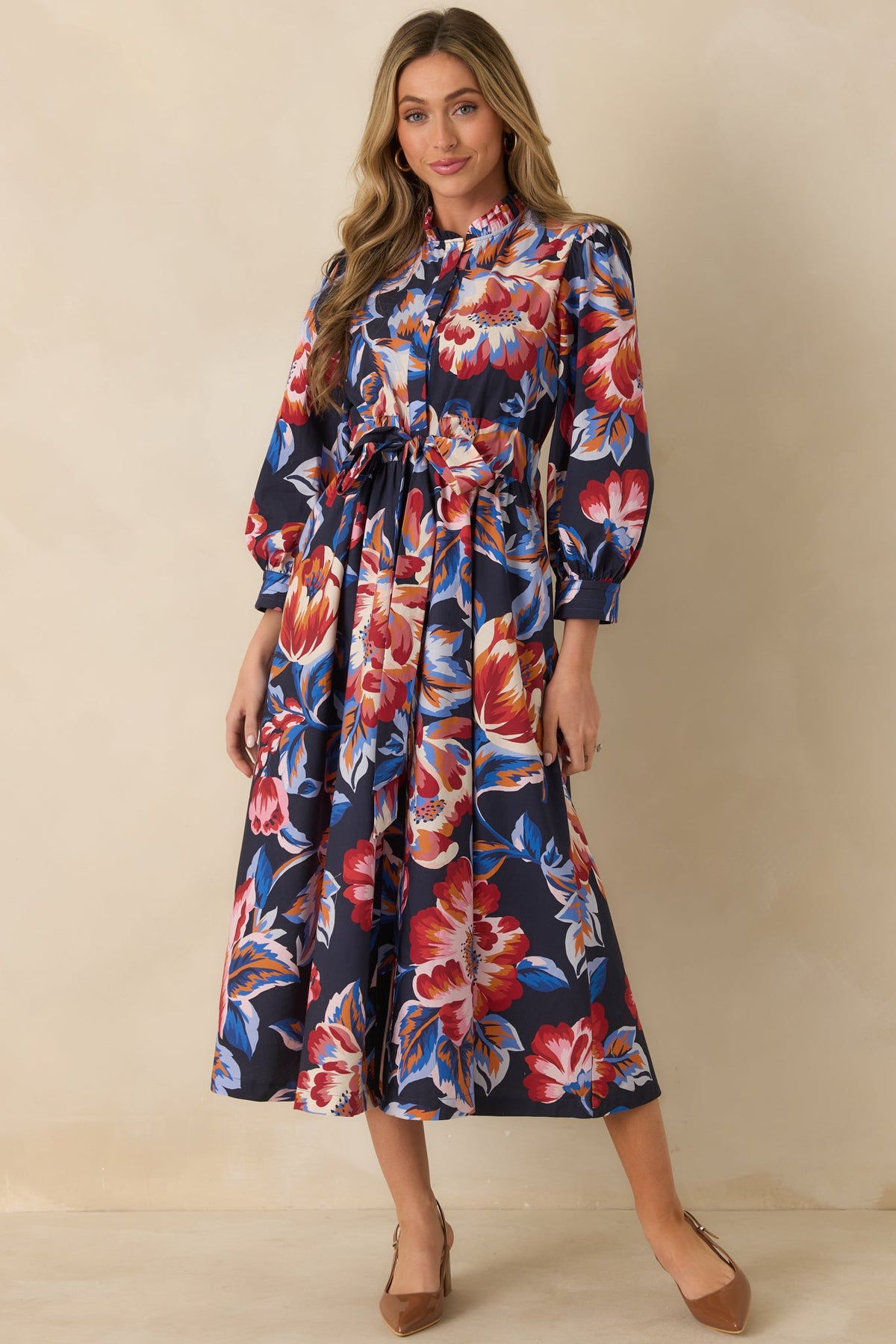 Prosperina Mayfair Navy Multi Floral Cotton Midi Dress