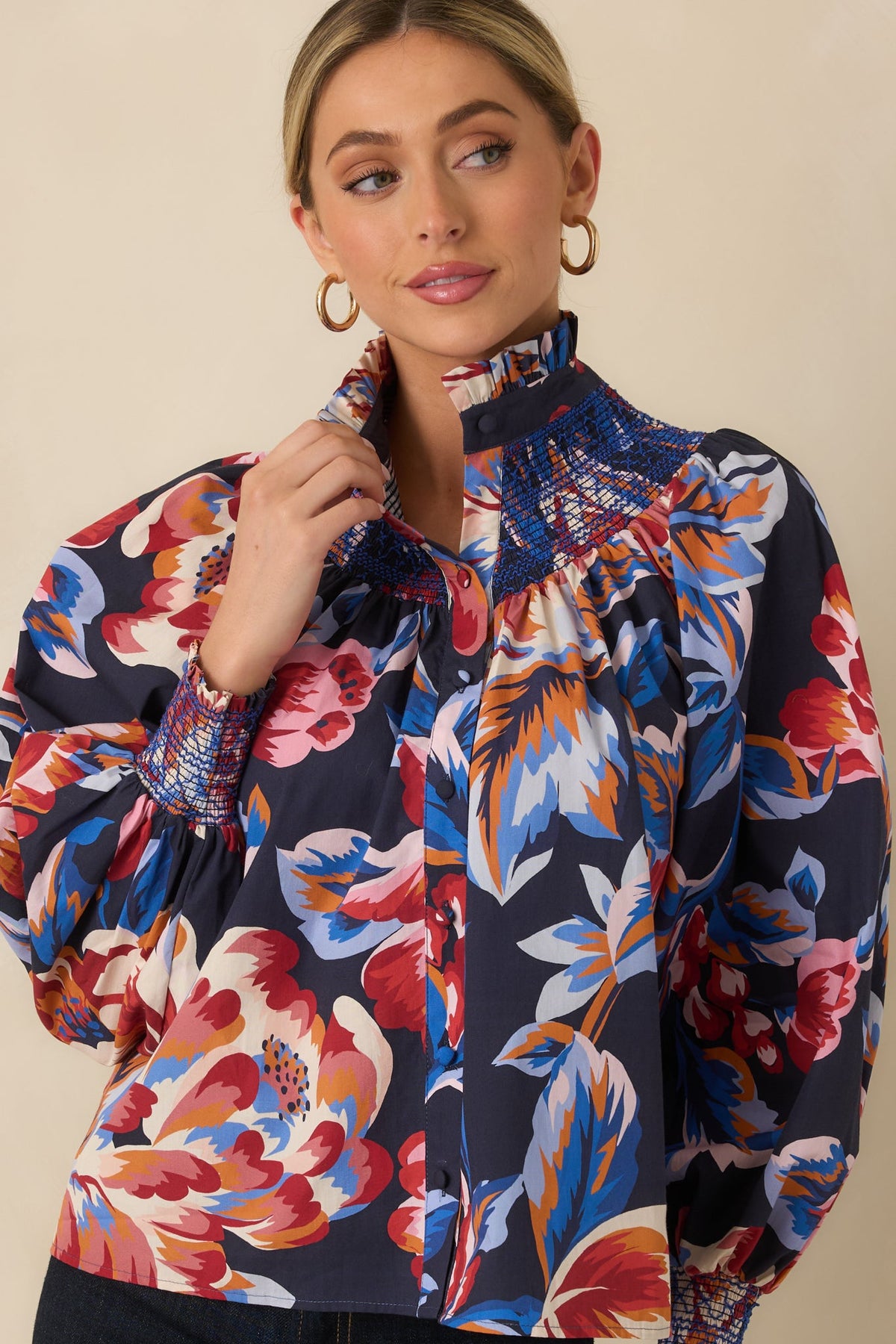 Prosperina Bedford Navy Multi Floral Cotton Smocked Blouse