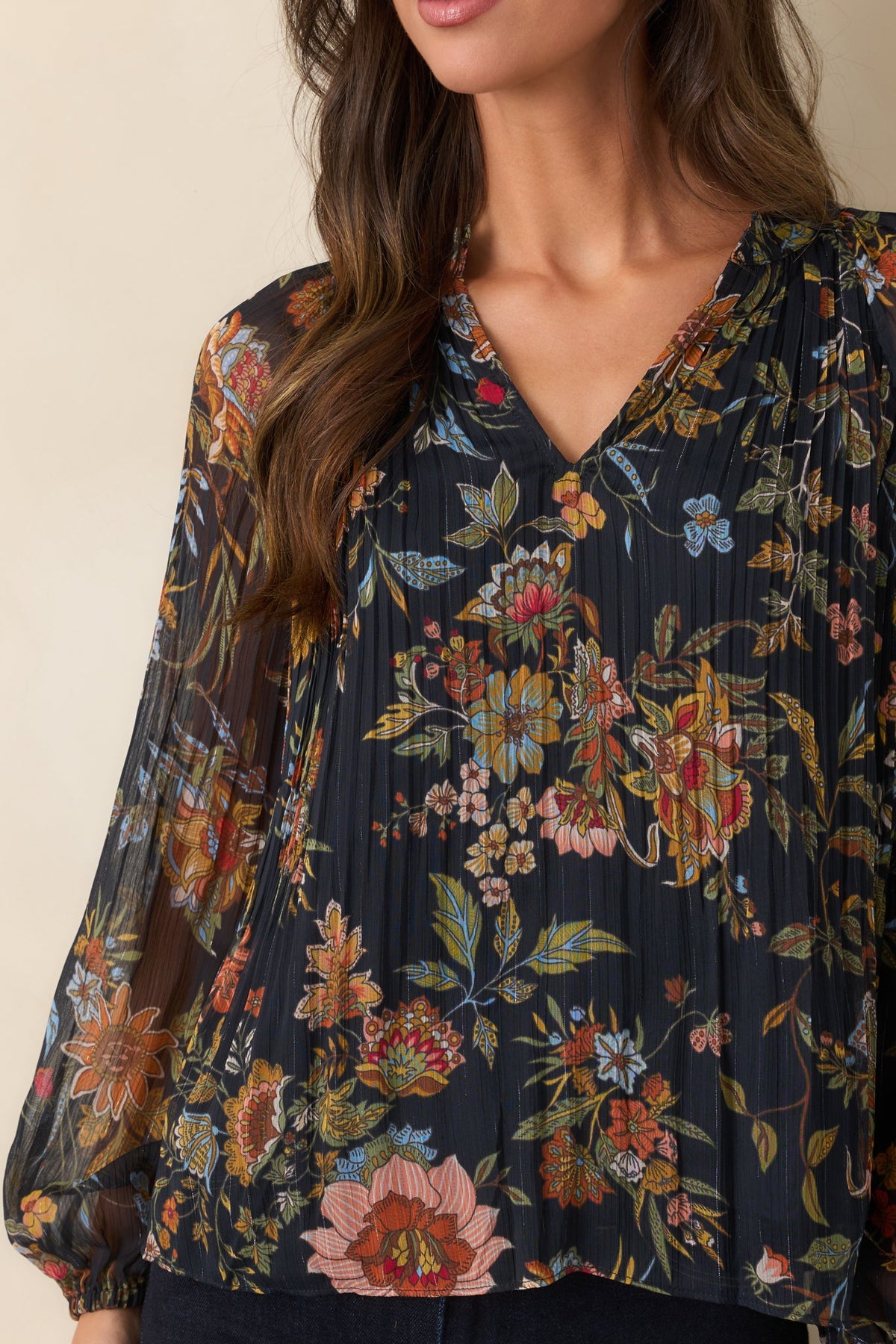 Under Evening Skies Navy Multi Floral Pleated Blouse