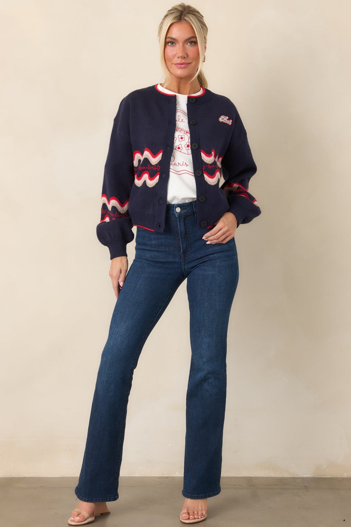 FRNCH Roadtrip Navy Contrast Wave Knit Cardigan