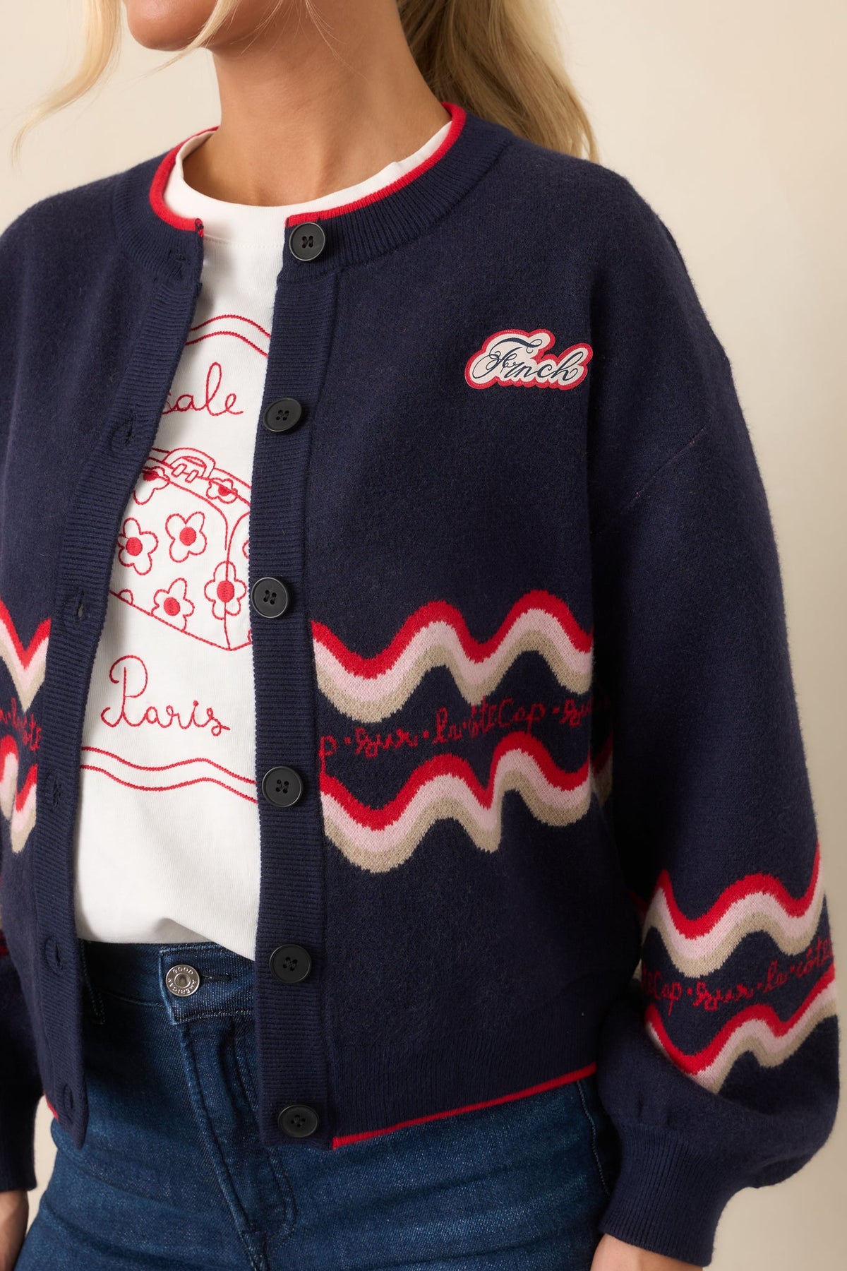 FRNCH Roadtrip Navy Contrast Wave Knit Cardigan