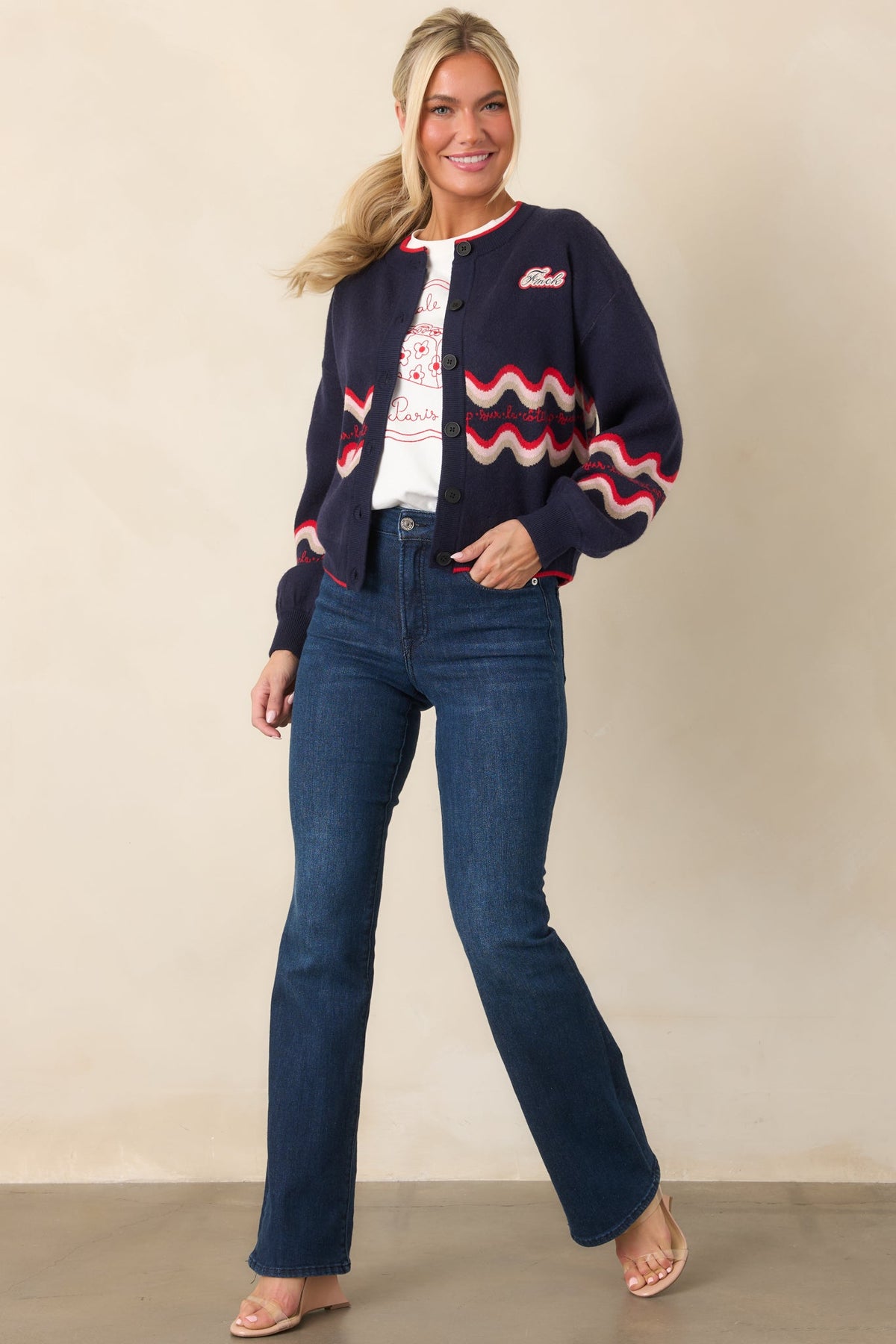 FRNCH Roadtrip Navy Contrast Wave Knit Cardigan