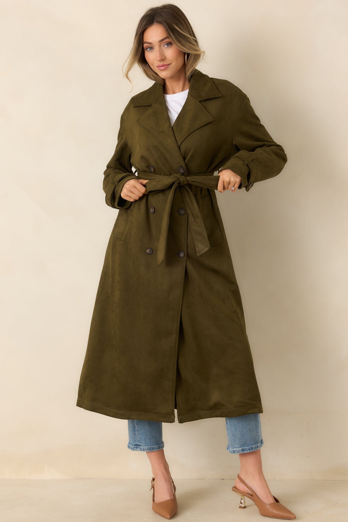 An Air of Intrigue Olive Green Faux Suede Trench Coat
