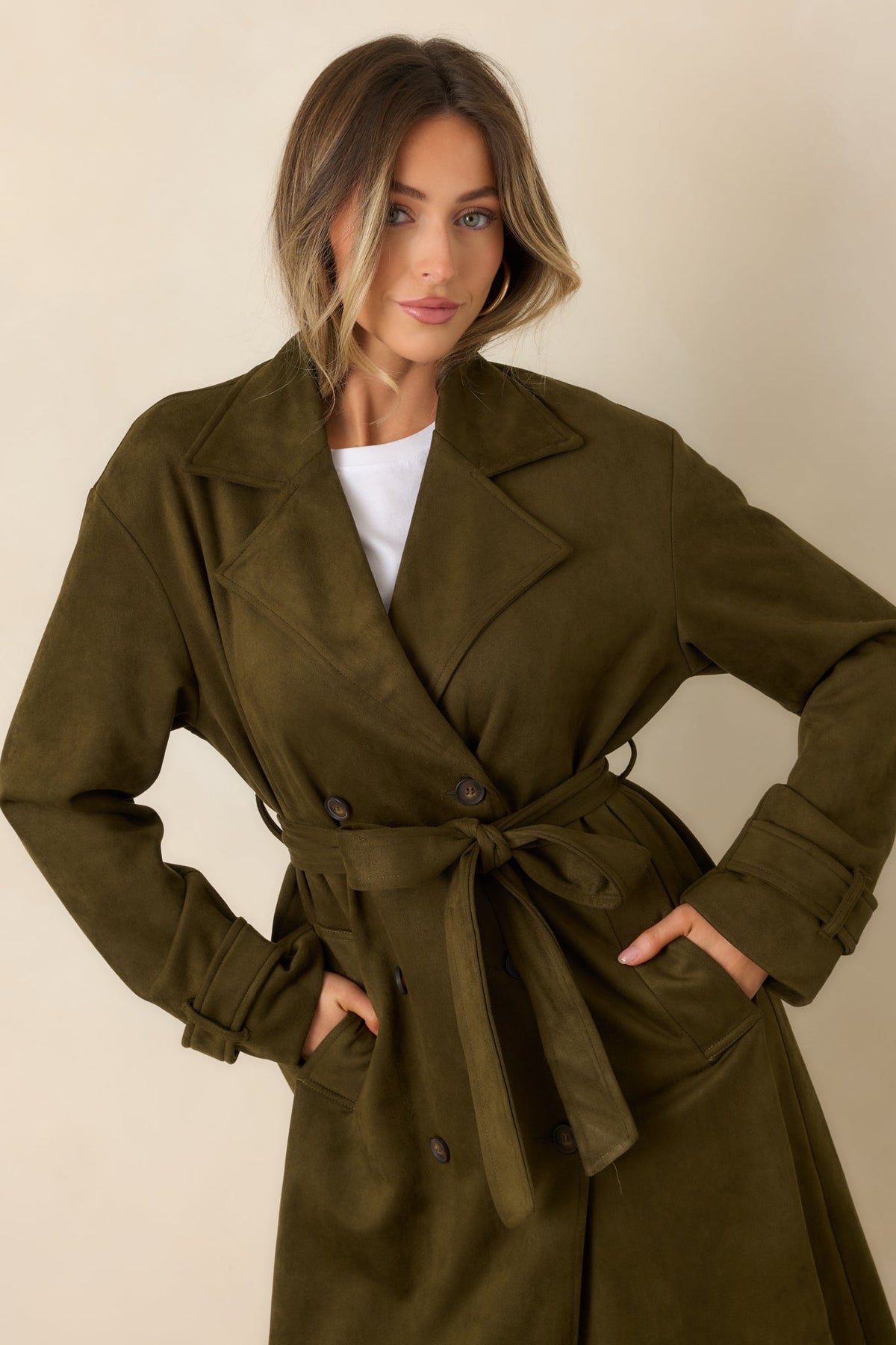 An Air of Intrigue Olive Green Faux Suede Trench Coat