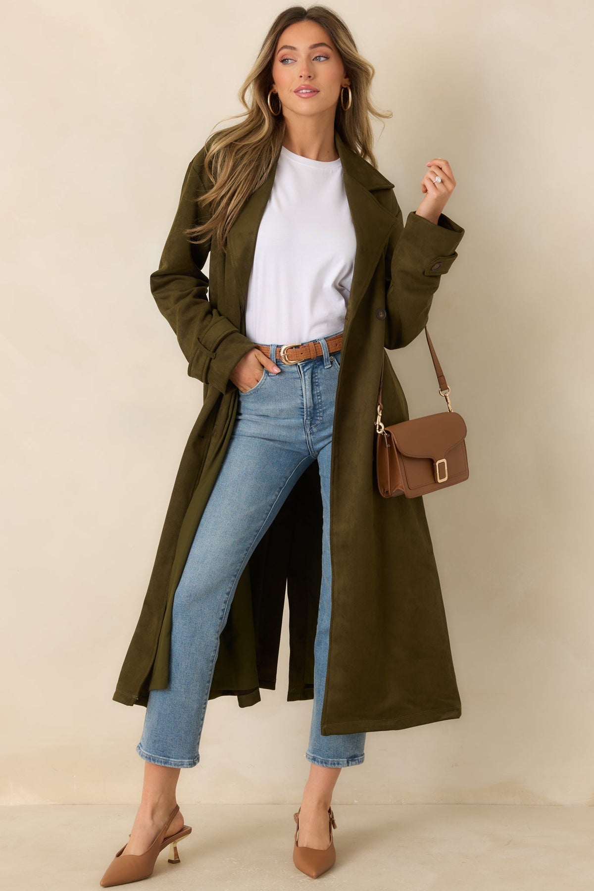 An Air of Intrigue Olive Green Faux Suede Trench Coat