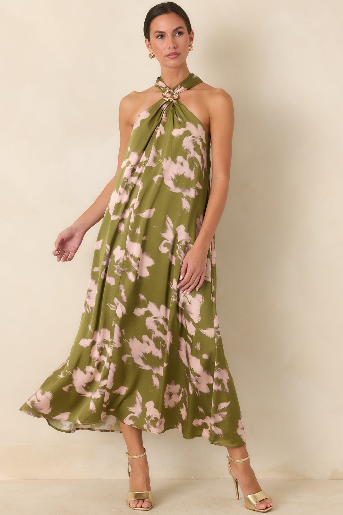 The Feeling Is Mutual Olive & Blush Floral Halter Maxi Dress