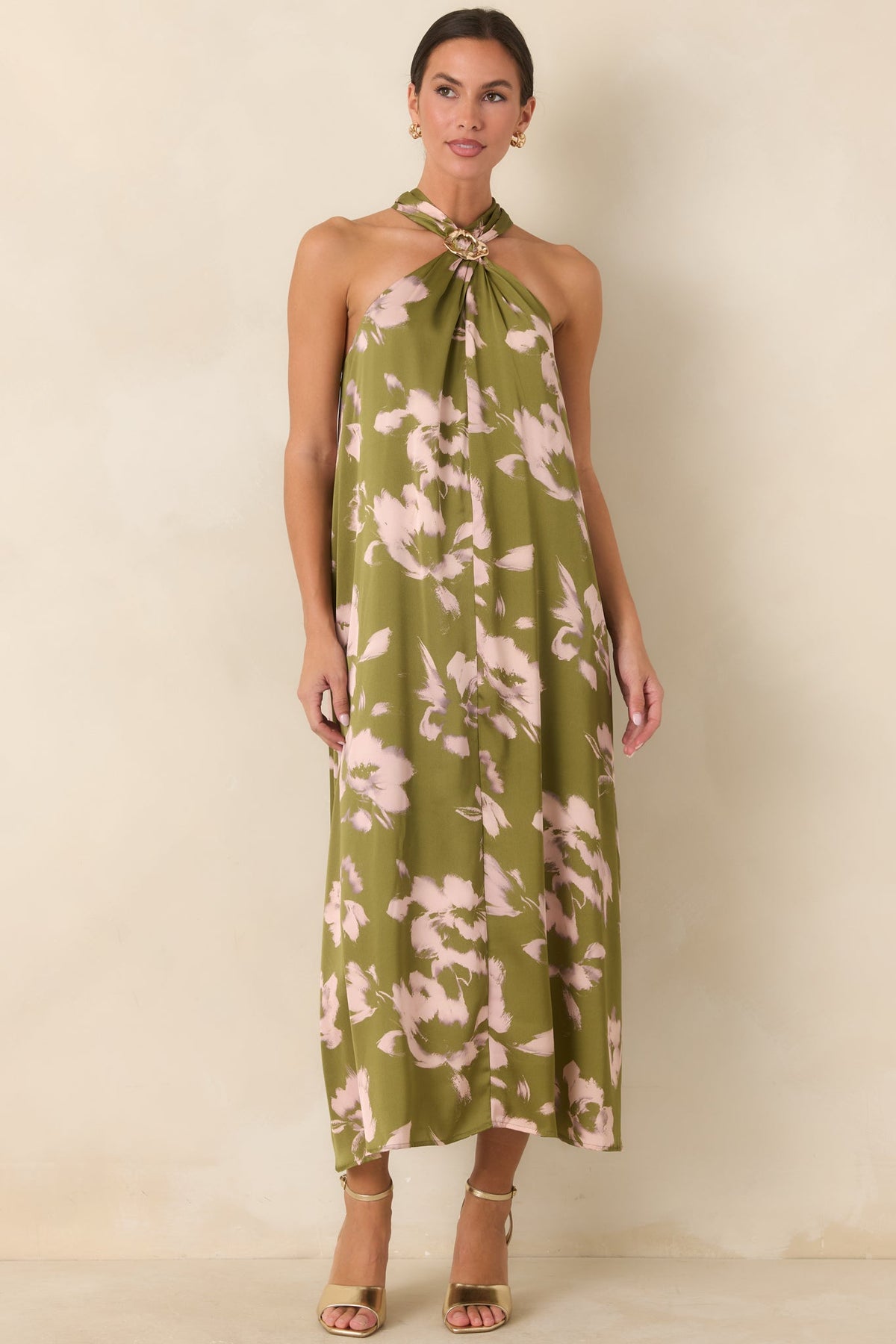 The Feeling Is Mutual Olive & Blush Floral Halter Maxi Dress
