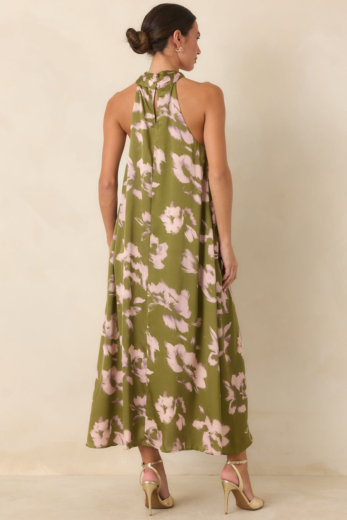 The Feeling Is Mutual Olive & Blush Floral Halter Maxi Dress
