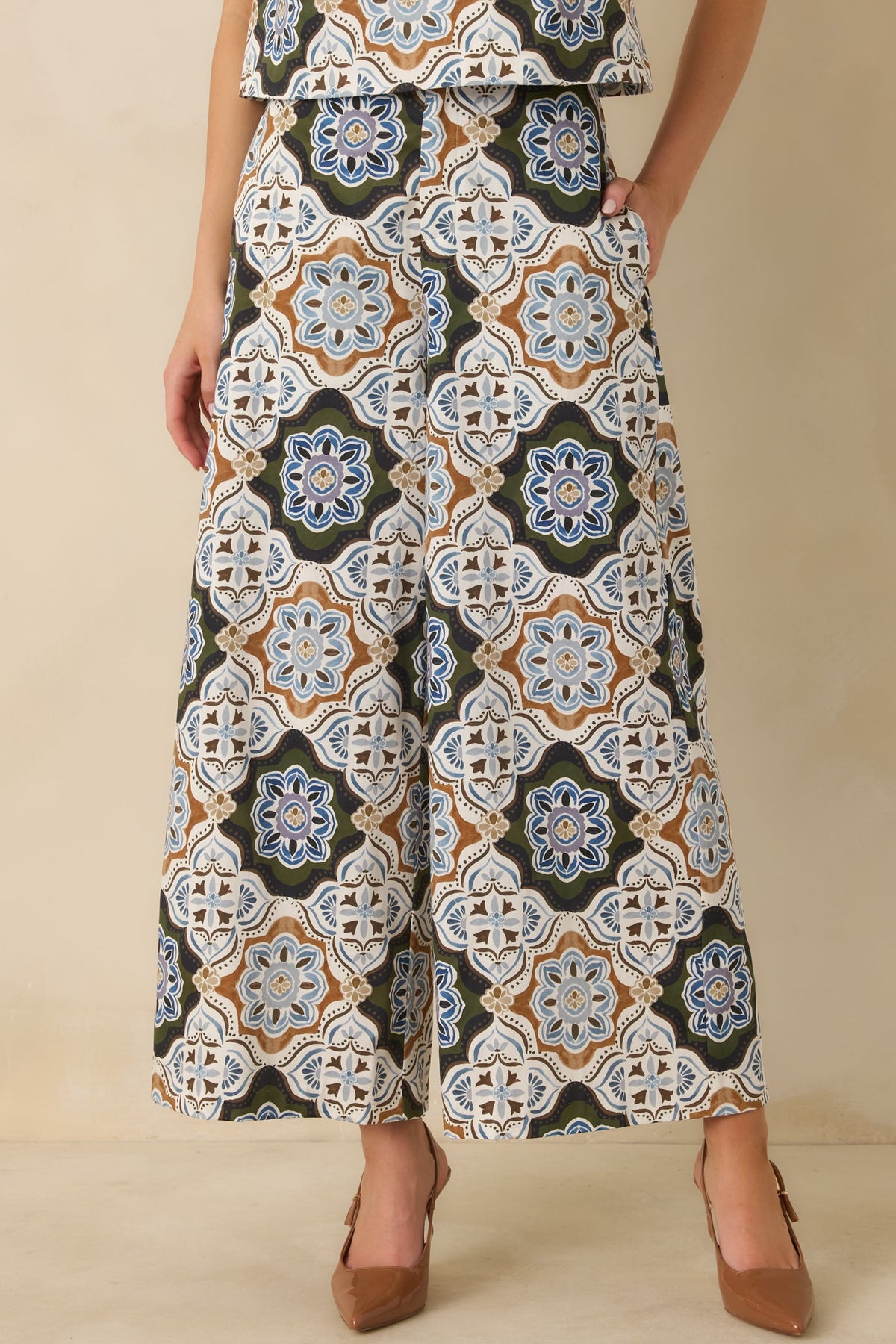Prosperina Barrett Olive Multi Medallion Print Cropped Wide Leg Pants